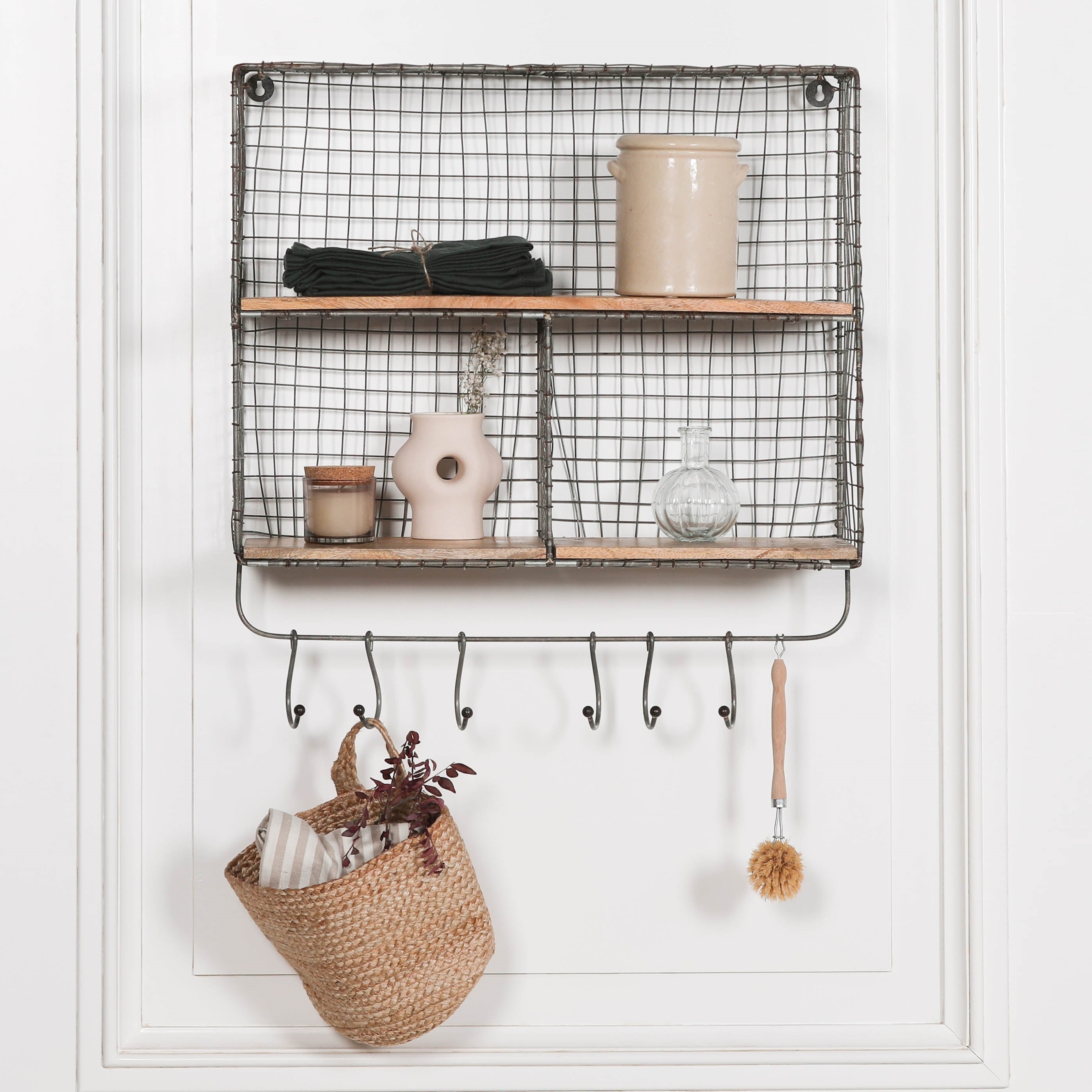 Scullery Wire 3 Compartment Wall Shelf with Wood Shelves and Hooks