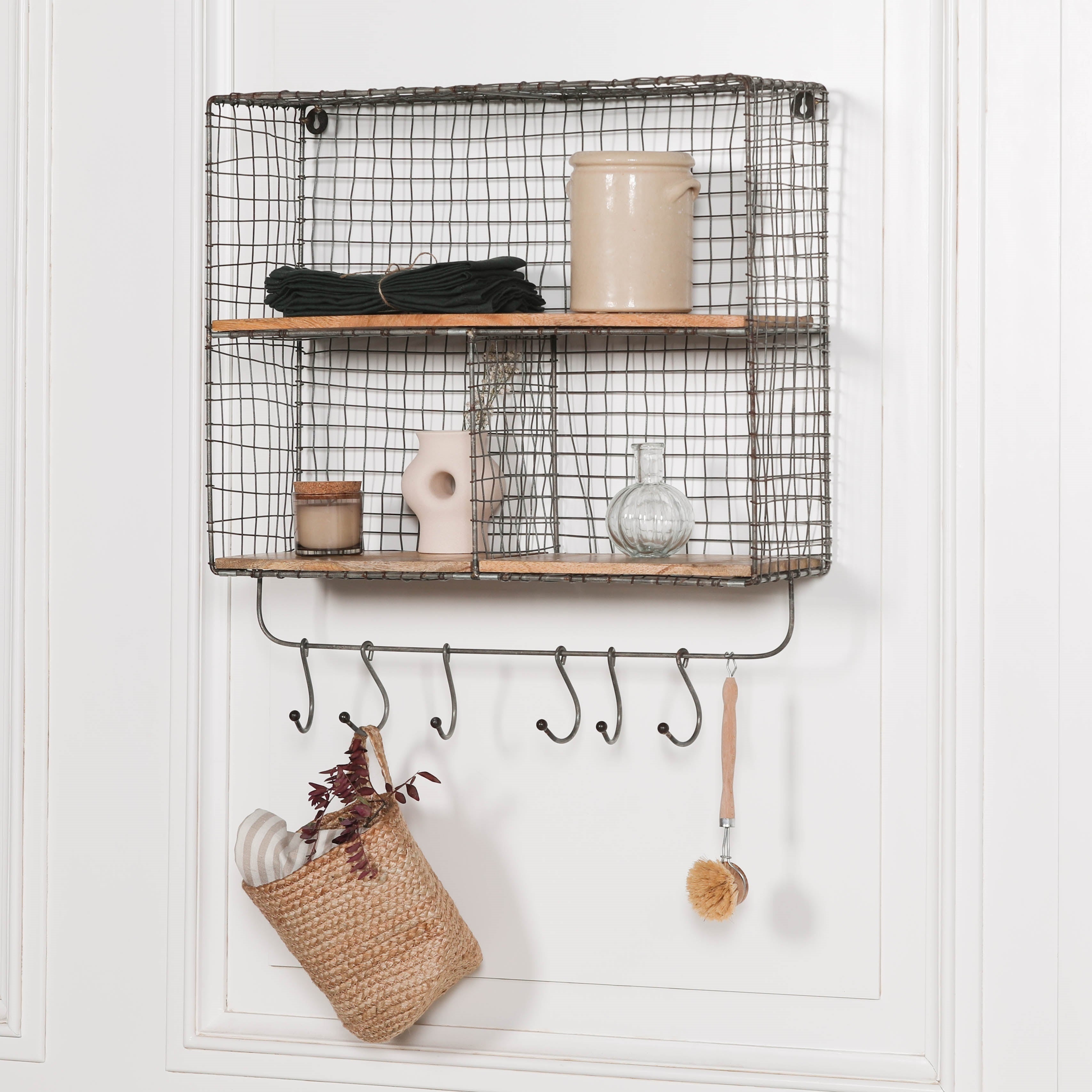 Scullery Wire 3 Compartment Wall Shelf with Wood Shelves and Hooks