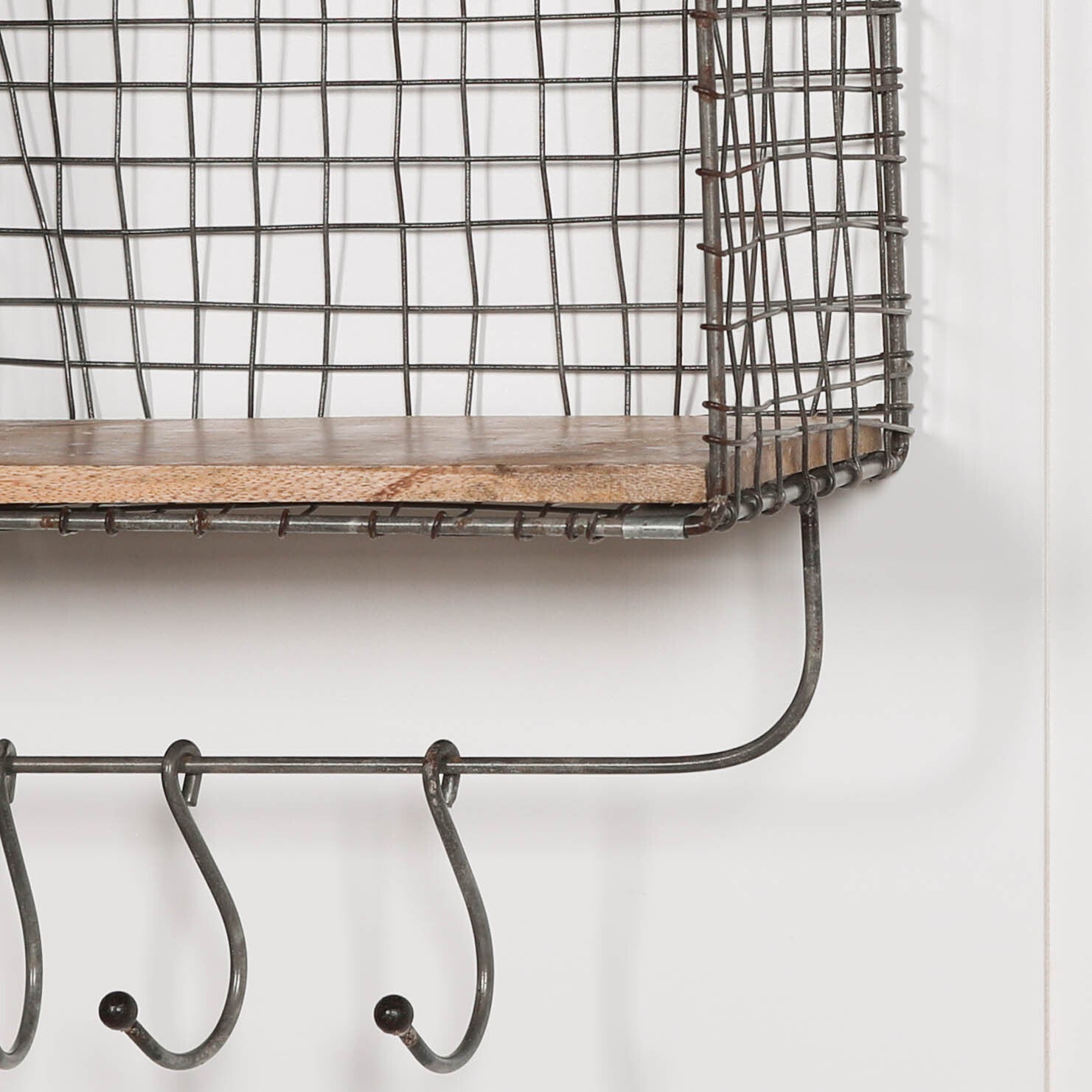 Scullery Wire 3 Compartment Wall Shelf with Wood Shelves and Hooks