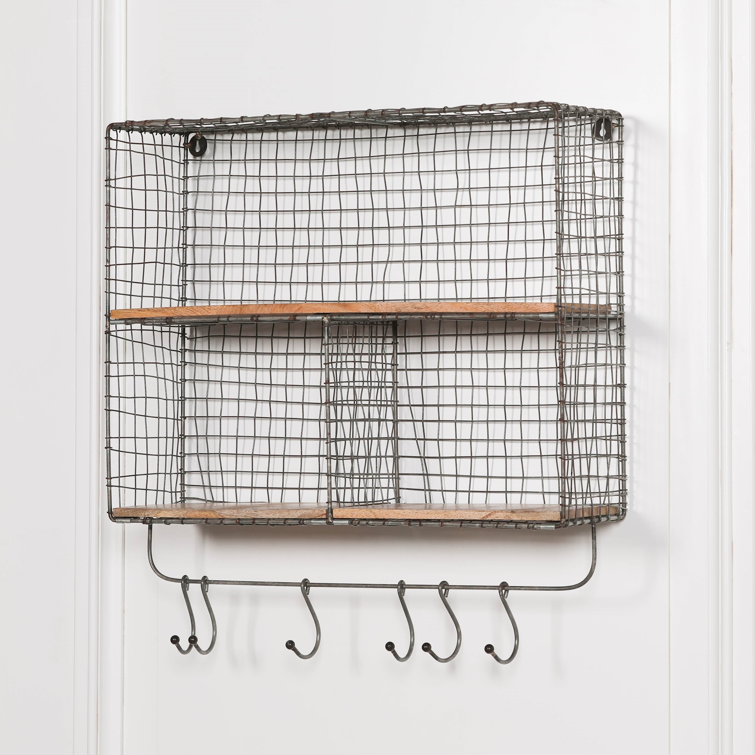 Scullery Wire 3 Compartment Wall Shelf with Wood Shelves and Hooks