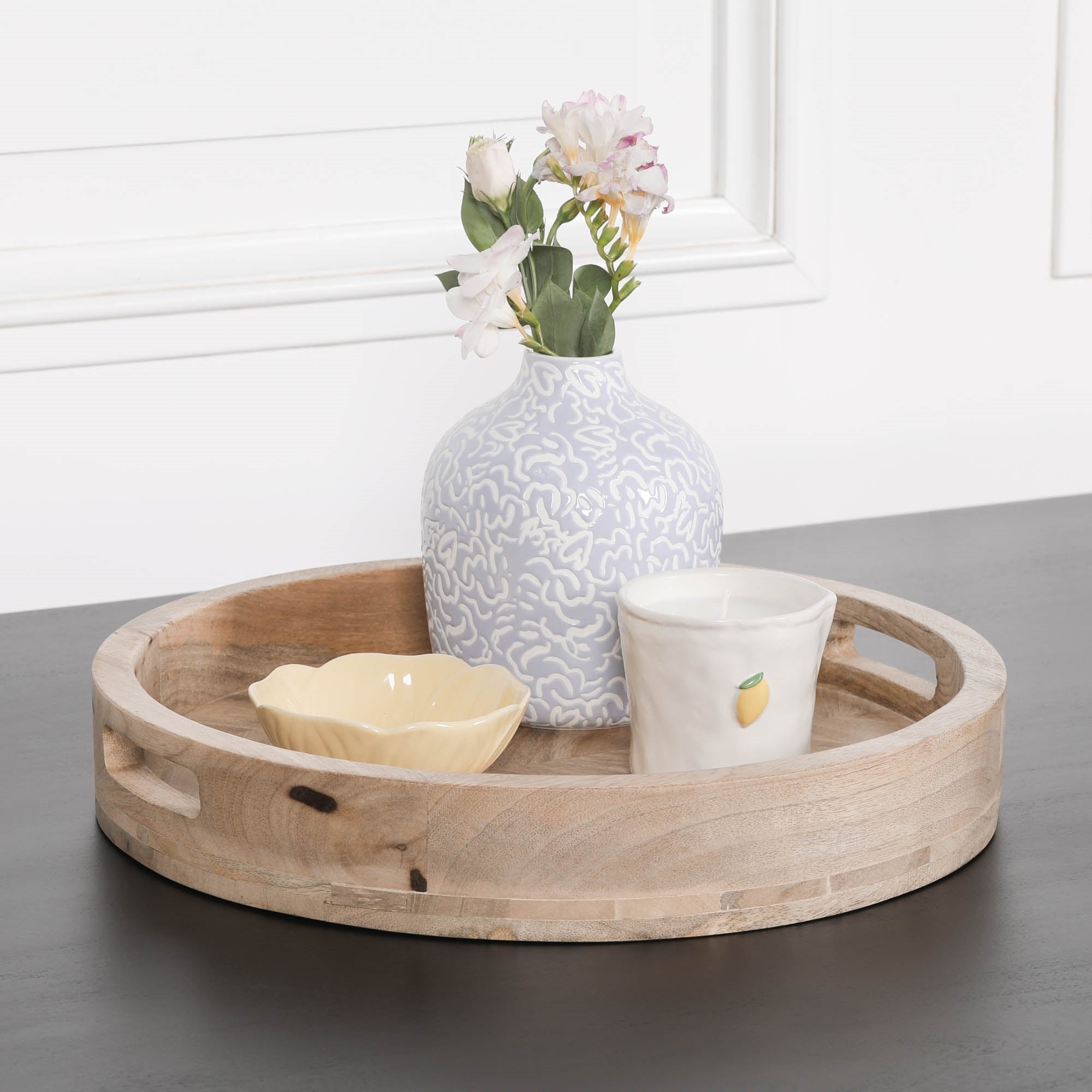 Mango Wood Round Parquet Inlay Decorative Table Tray