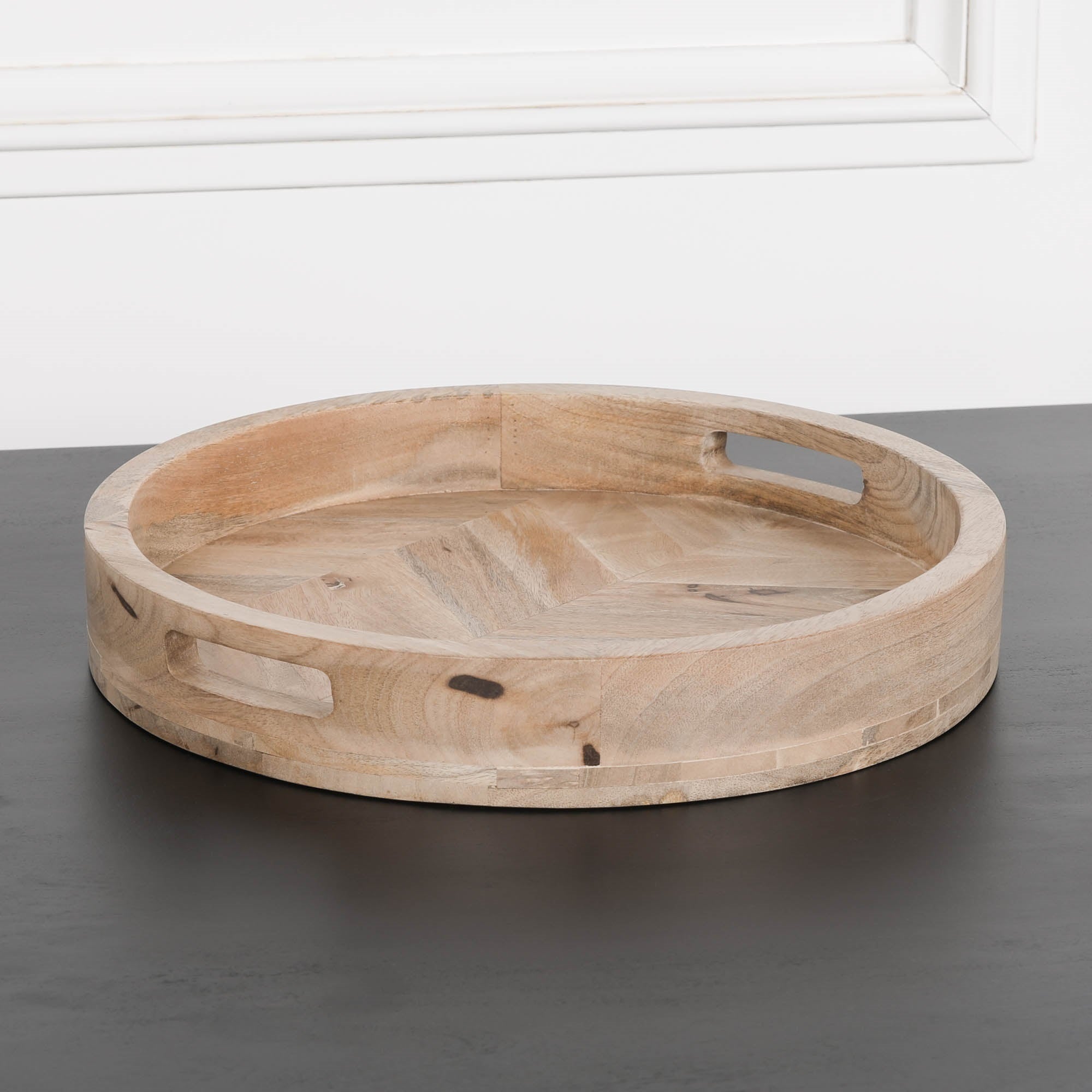 Mango Wood Round Parquet Inlay Decorative Table Tray