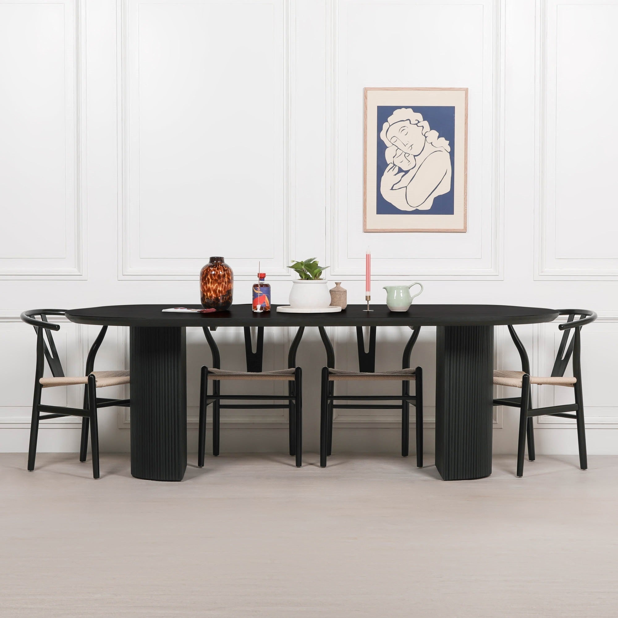 Chelsea Black Painted Acacia Fluted Oval 6 Seater Dining Table 230cm