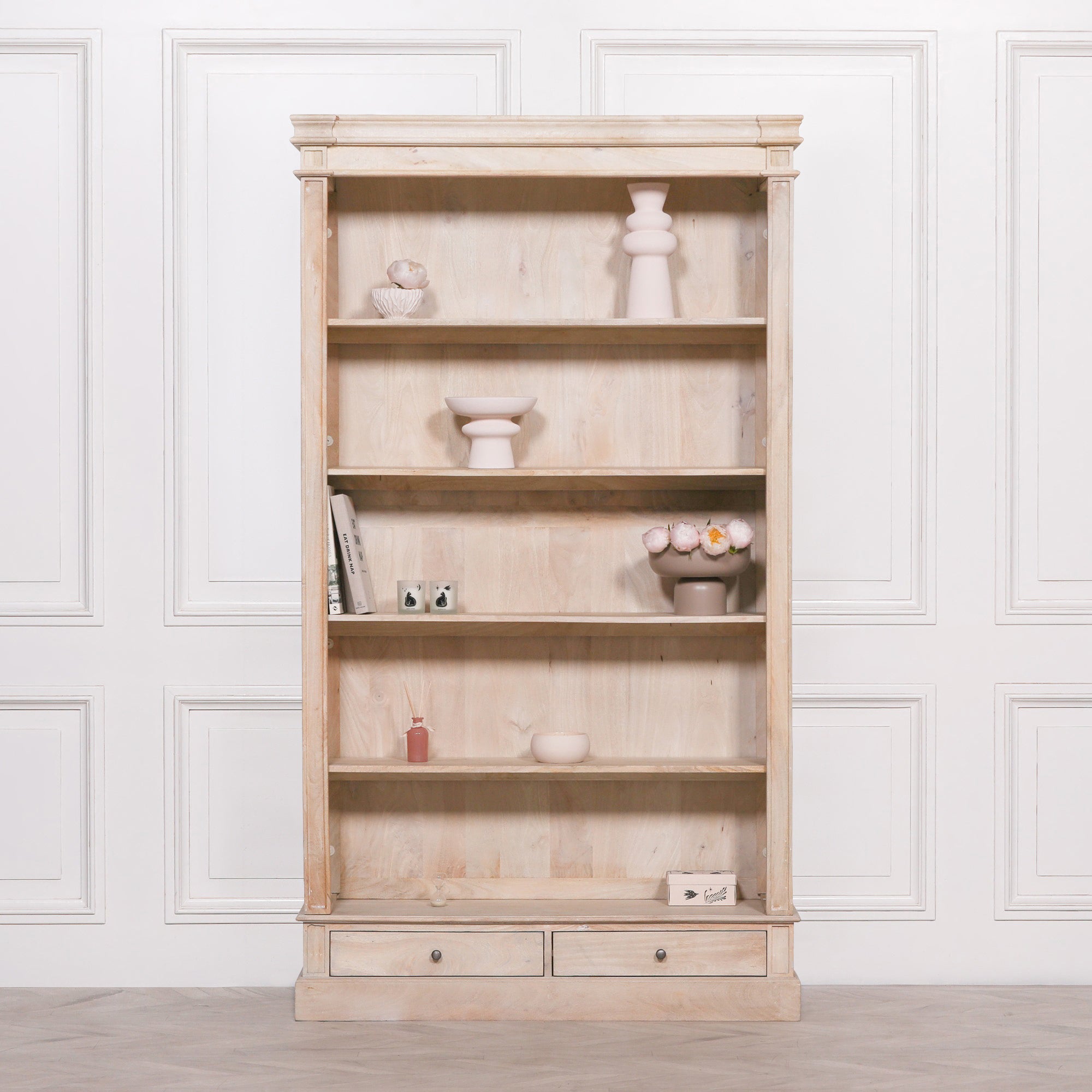 BLANCHE WOODEN RUSTIC SINGLE OPEN BOOKCASE WITH DRAWERS