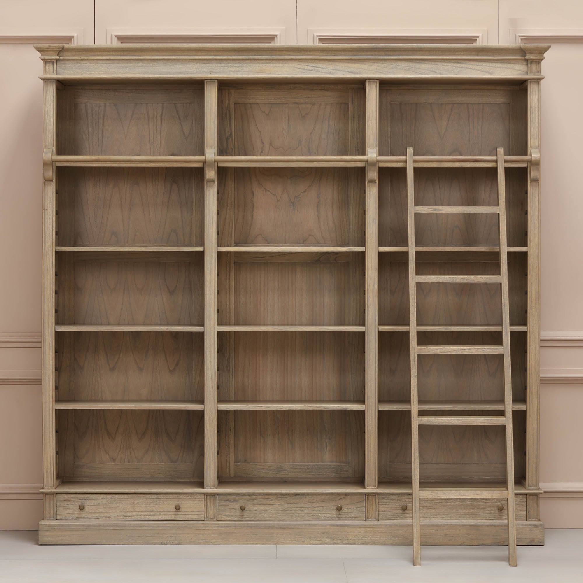 Sandringham Large Rustic Wooden Library Bookcase with Ladder 232cm Wide