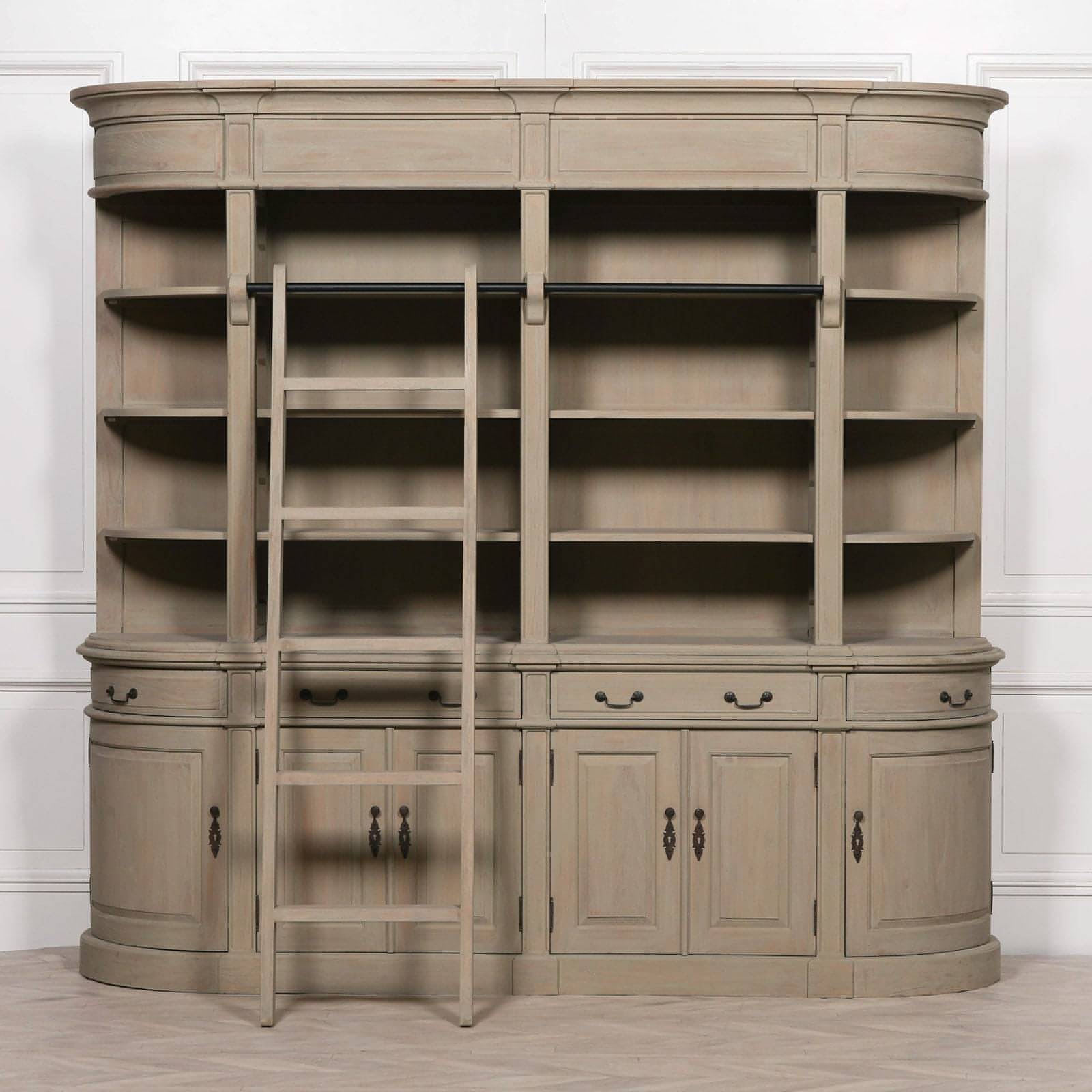 Light Wood Washed Extra Large Wooden Bookcase With Ladder