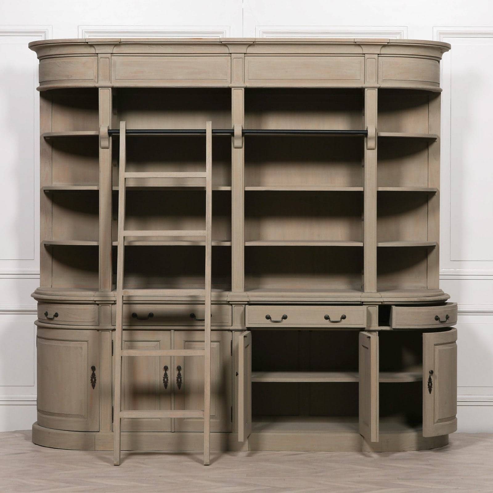 Light Wood Washed Extra Large Wooden Bookcase With Ladder