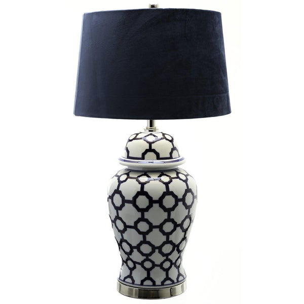 Acanthus Blue And White Ceramic Lamp With Blue Velvet Shade - House of Altair
