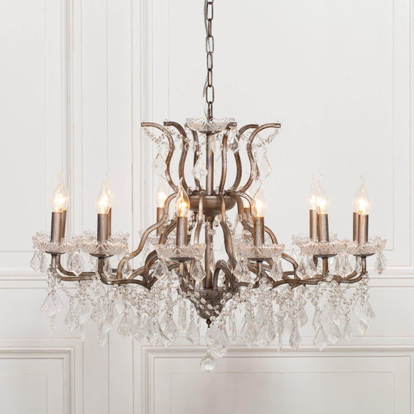 Antiqued Silver 12 Branch Shallow Cut Glass Chandelier - House of Altair