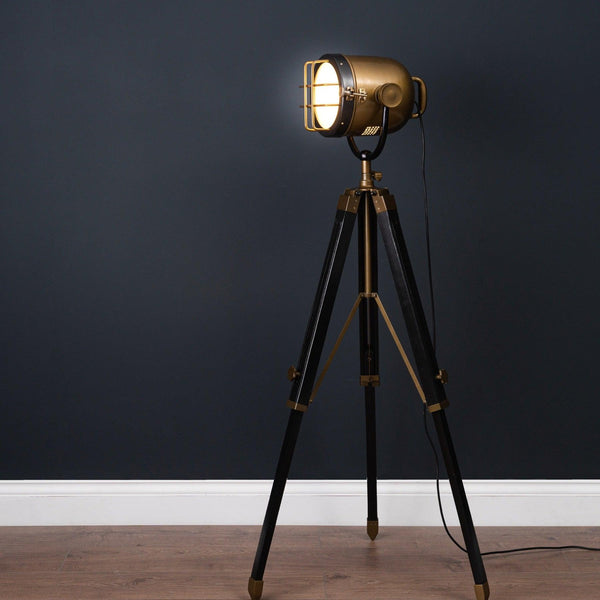 Brass And Black Industrial Spotlight Tripod Lamp - House of Altair