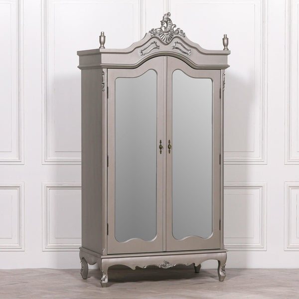 French Antique Silver Double Mirrored Door Armoire - House of Altair