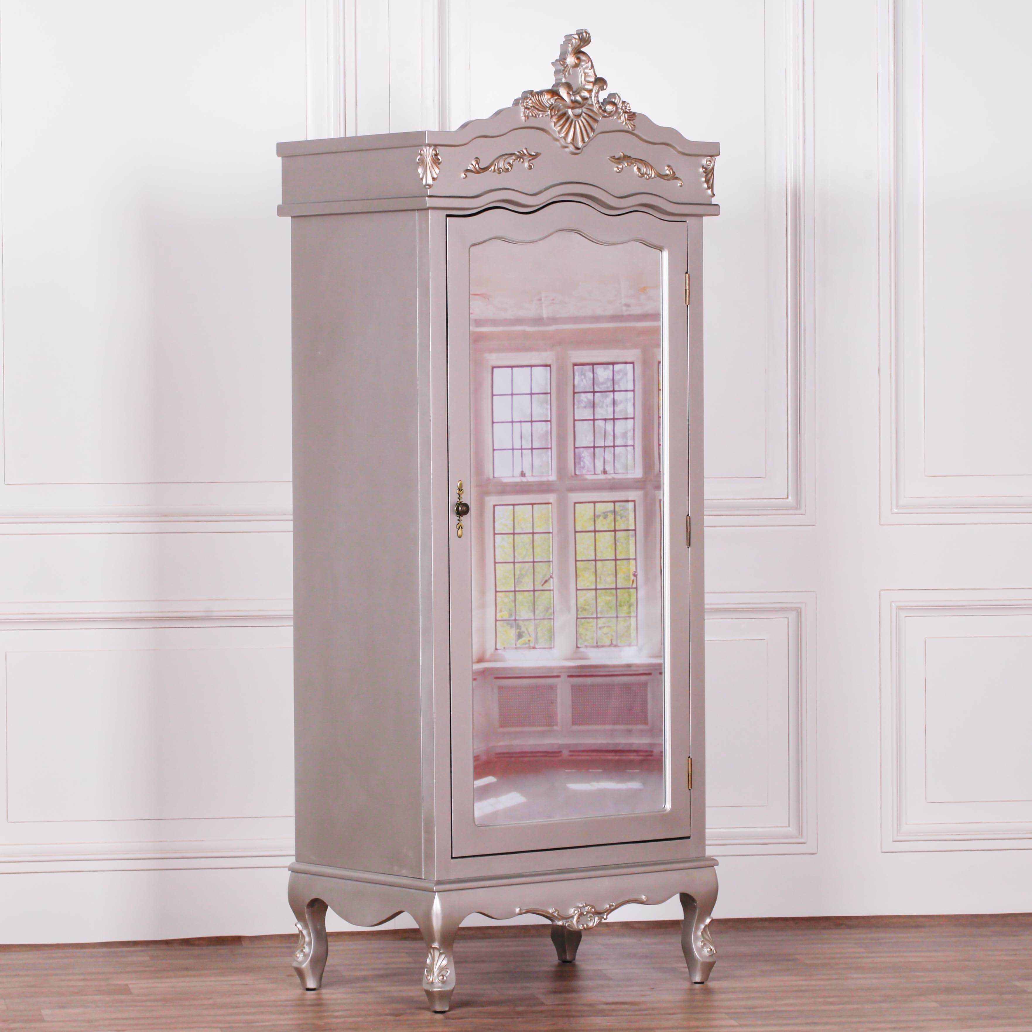 French Silver Single Door Armoire with Mirrored Door - House of Altair