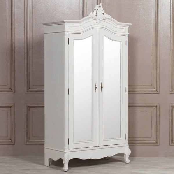 French Style White Carved Double Full Mirrored Armoire - House of Altair