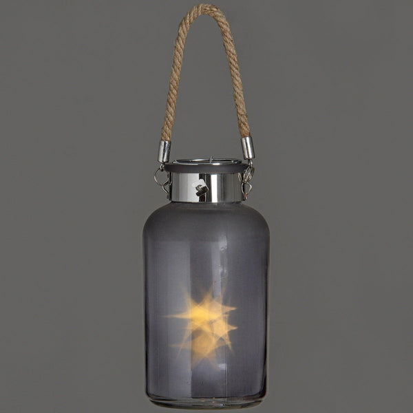 Frosted Grey Glass Lantern with Rope Detail and LED - House of Altair
