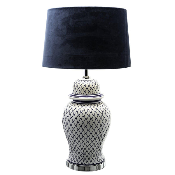 Malabar Blue And White Ceramic Lamp With Blue Velvet Shade - House of Altair