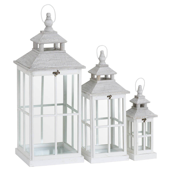 Set Of 3 White Window Style Lanterns With Open Top - House of Altair