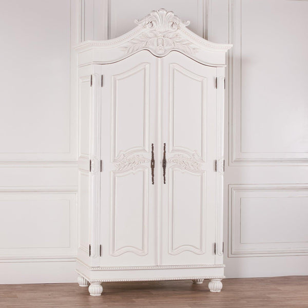 Wooden Carved French Chateau White Double Armoire - House of Altair