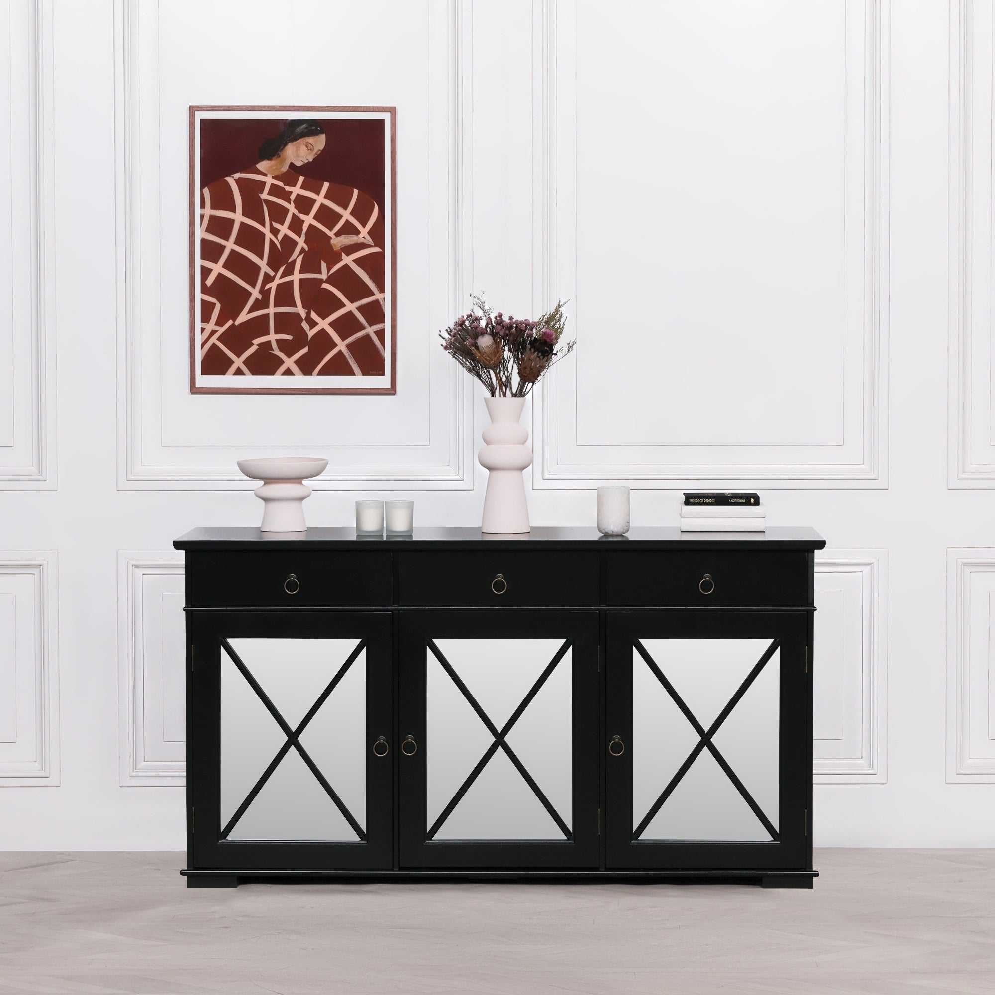 BLACK ORIENTAL SIDEBOARD WITH MIRRORED DOORS 153 CM