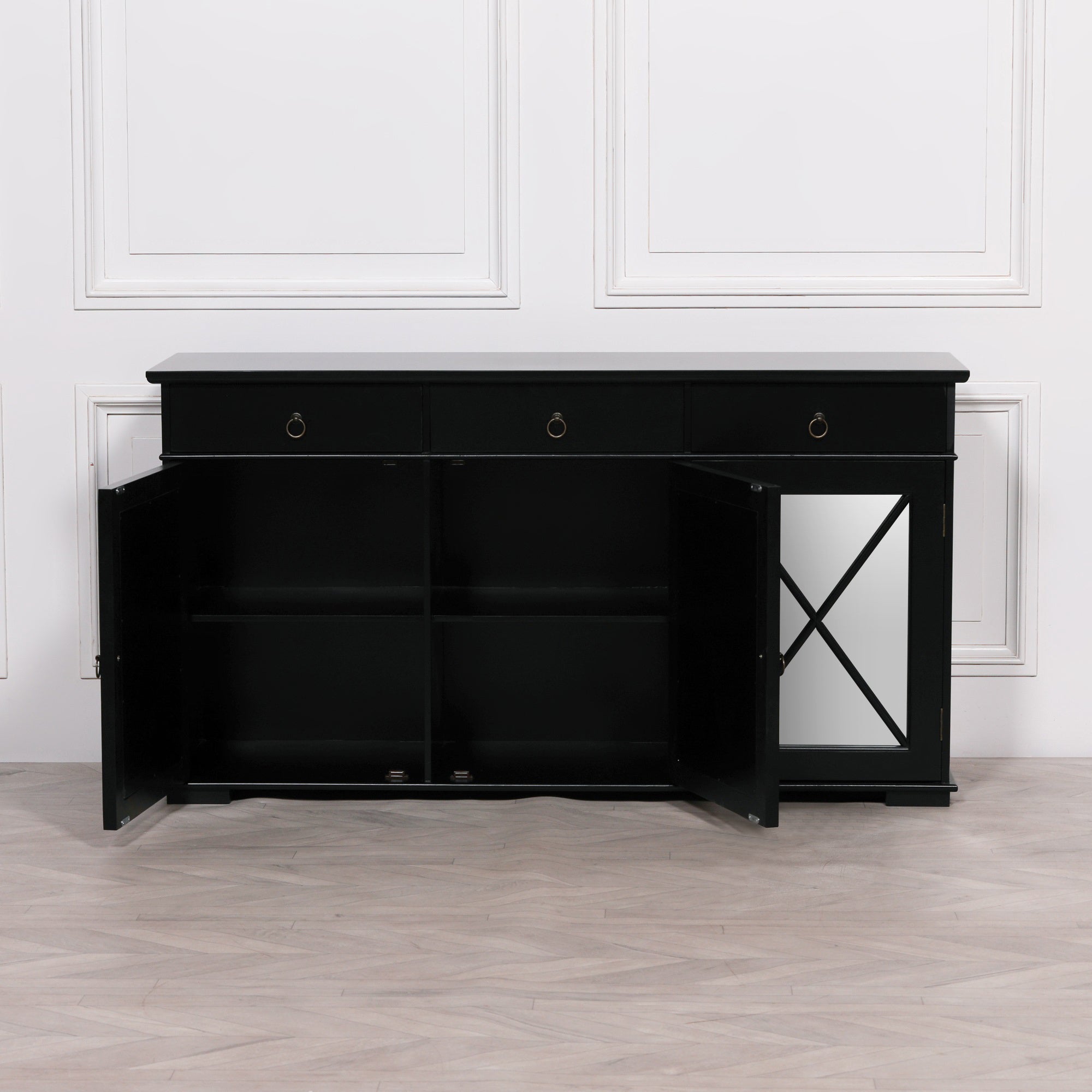 BLACK ORIENTAL SIDEBOARD WITH MIRRORED DOORS 153 CM