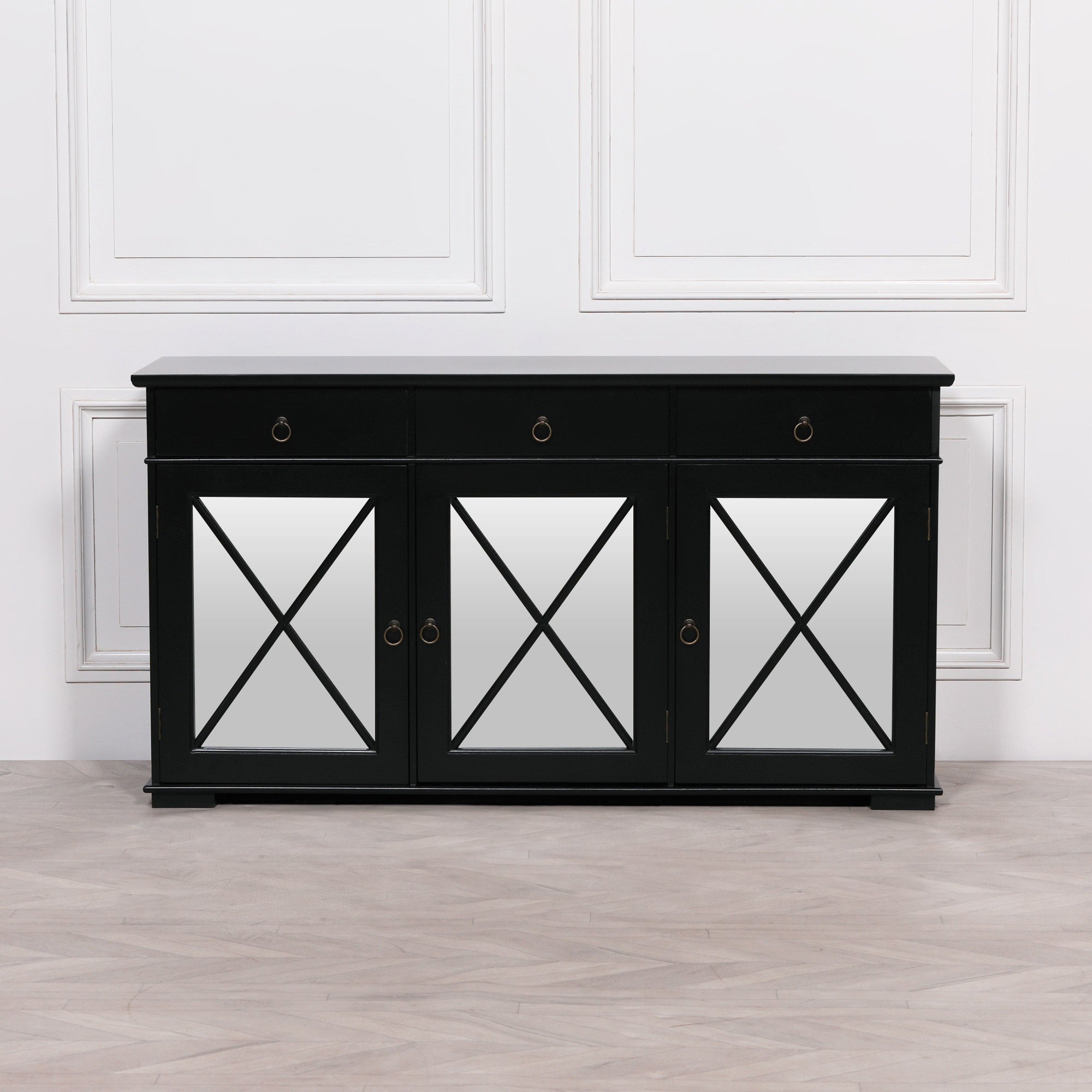 BLACK ORIENTAL SIDEBOARD WITH MIRRORED DOORS 153 CM