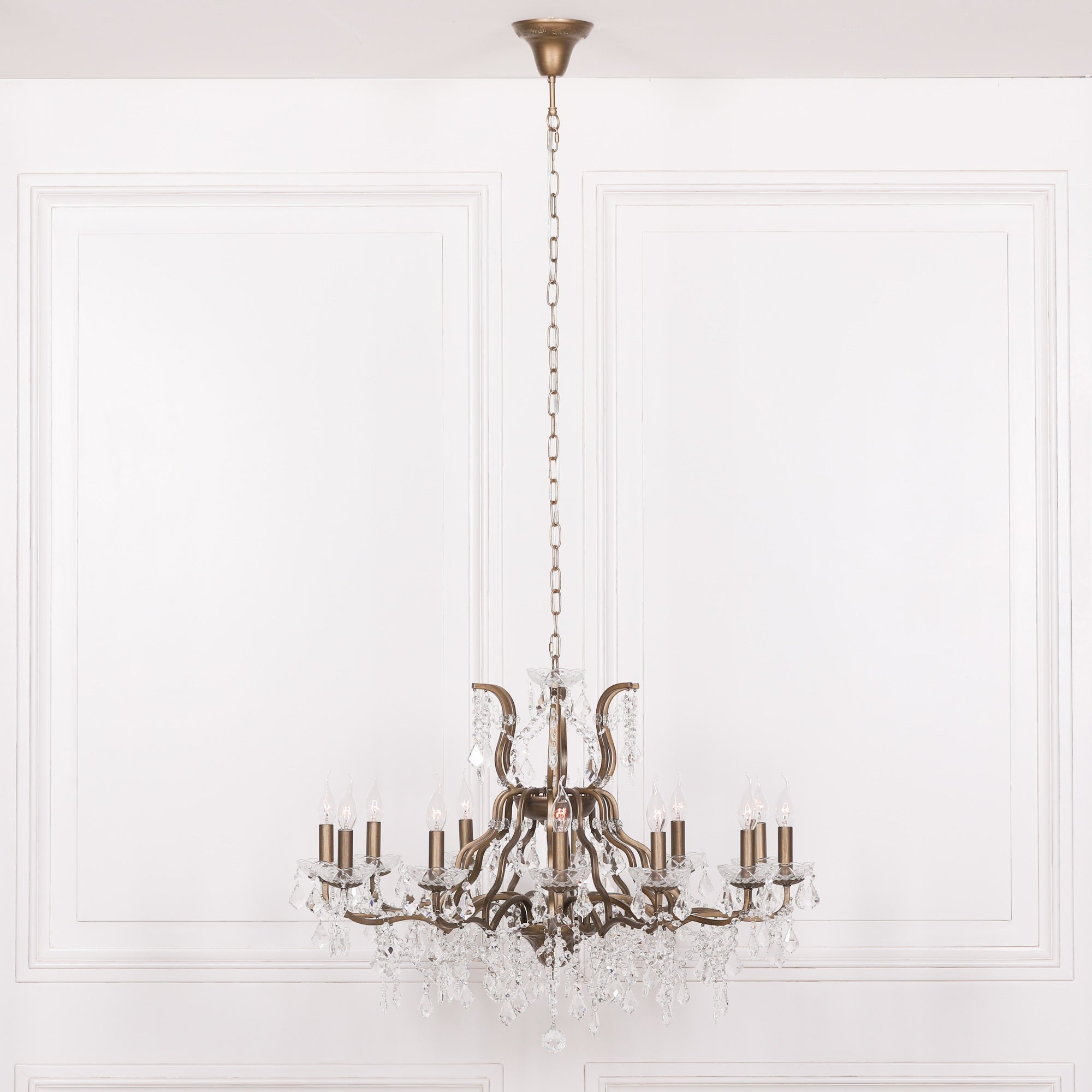 Gold 12 Branch Shallow Cut Glass Chandelier