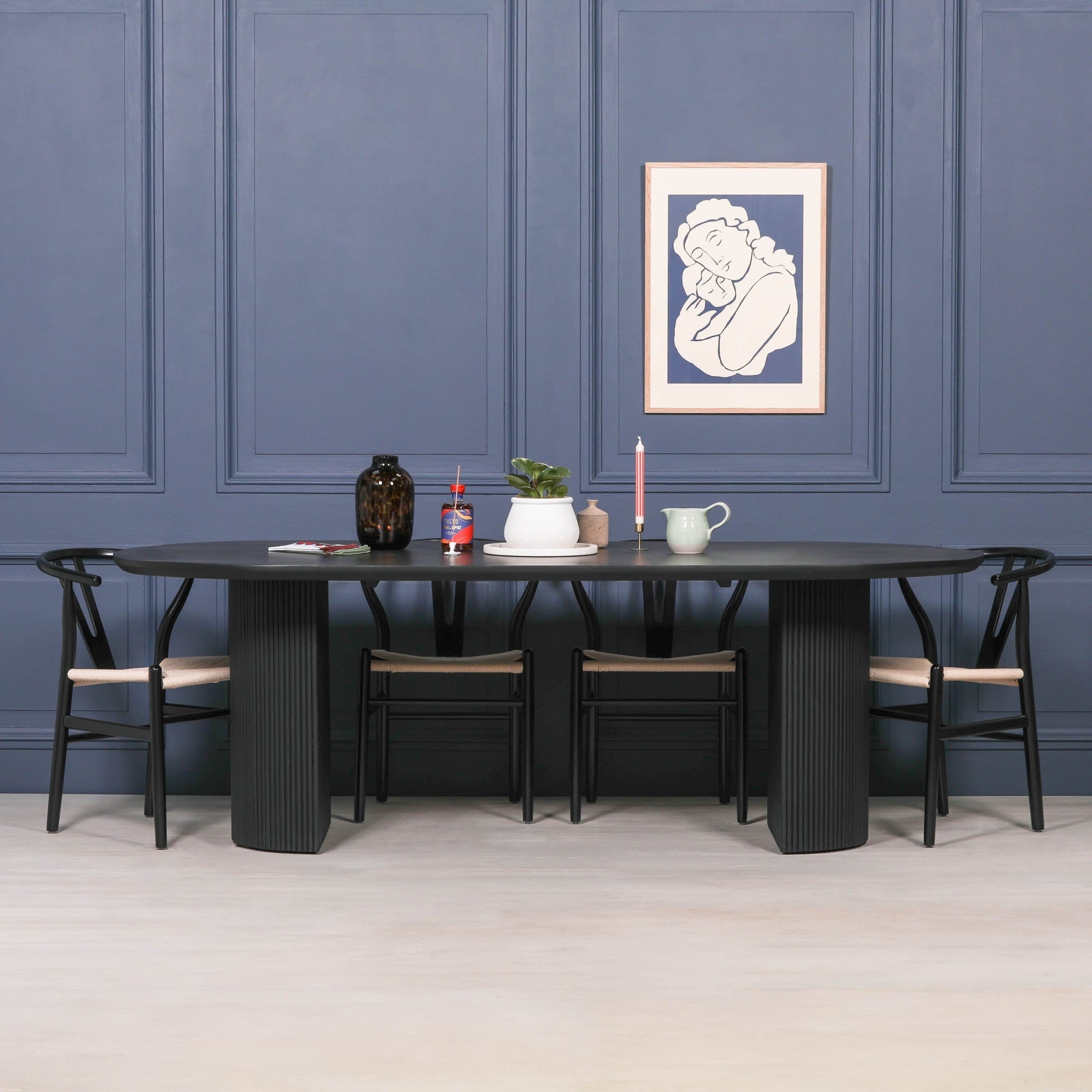Chelsea Black Painted Acacia Fluted Oval  6 Seater Dining Table 230cm