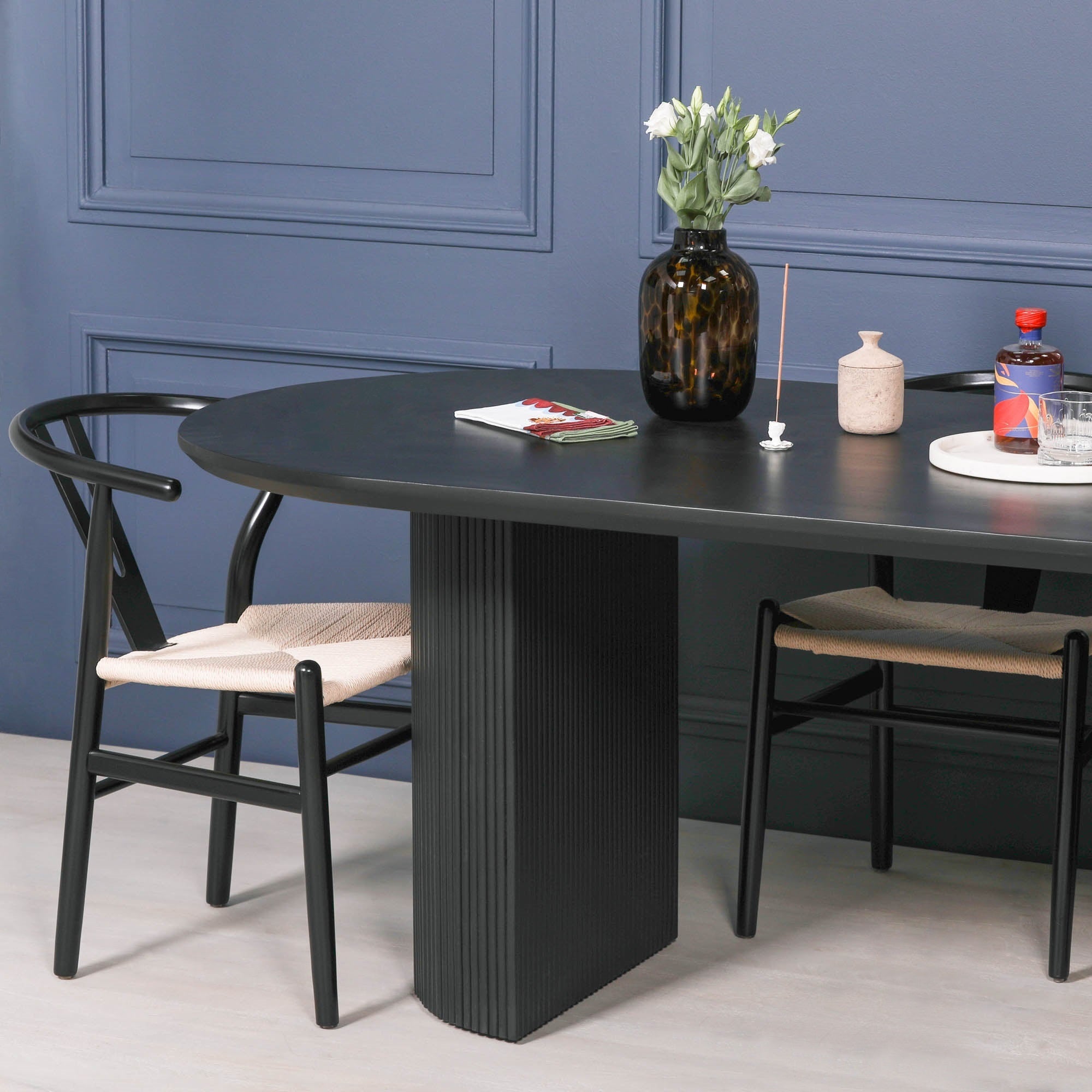 Chelsea Black Painted Acacia Fluted Oval  6 Seater Dining Table 230cm