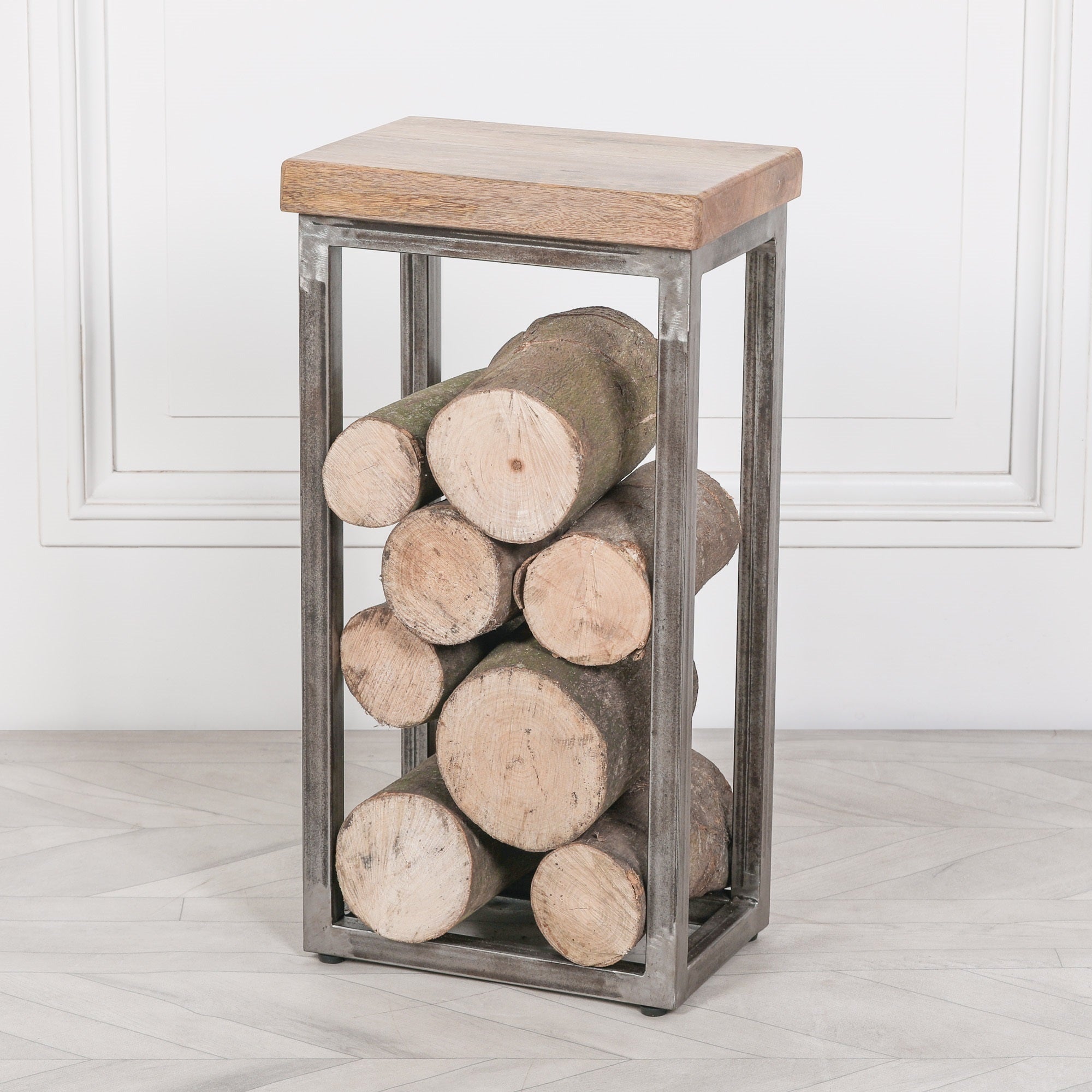 Mason Iron Frame Log Store Side Table with Wooden Top