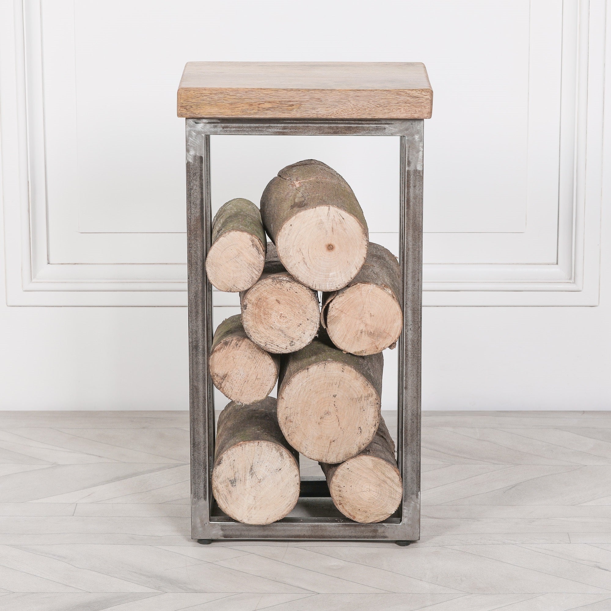 Mason Iron Frame Log Store Side Table with Wooden Top