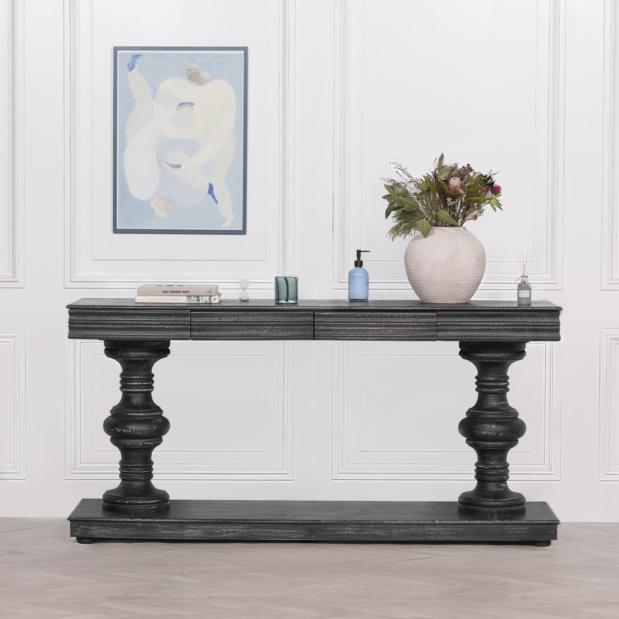 Kingston BLACK DISTRESSED CONSOLE TABLE WITH DRAWERS 180CM