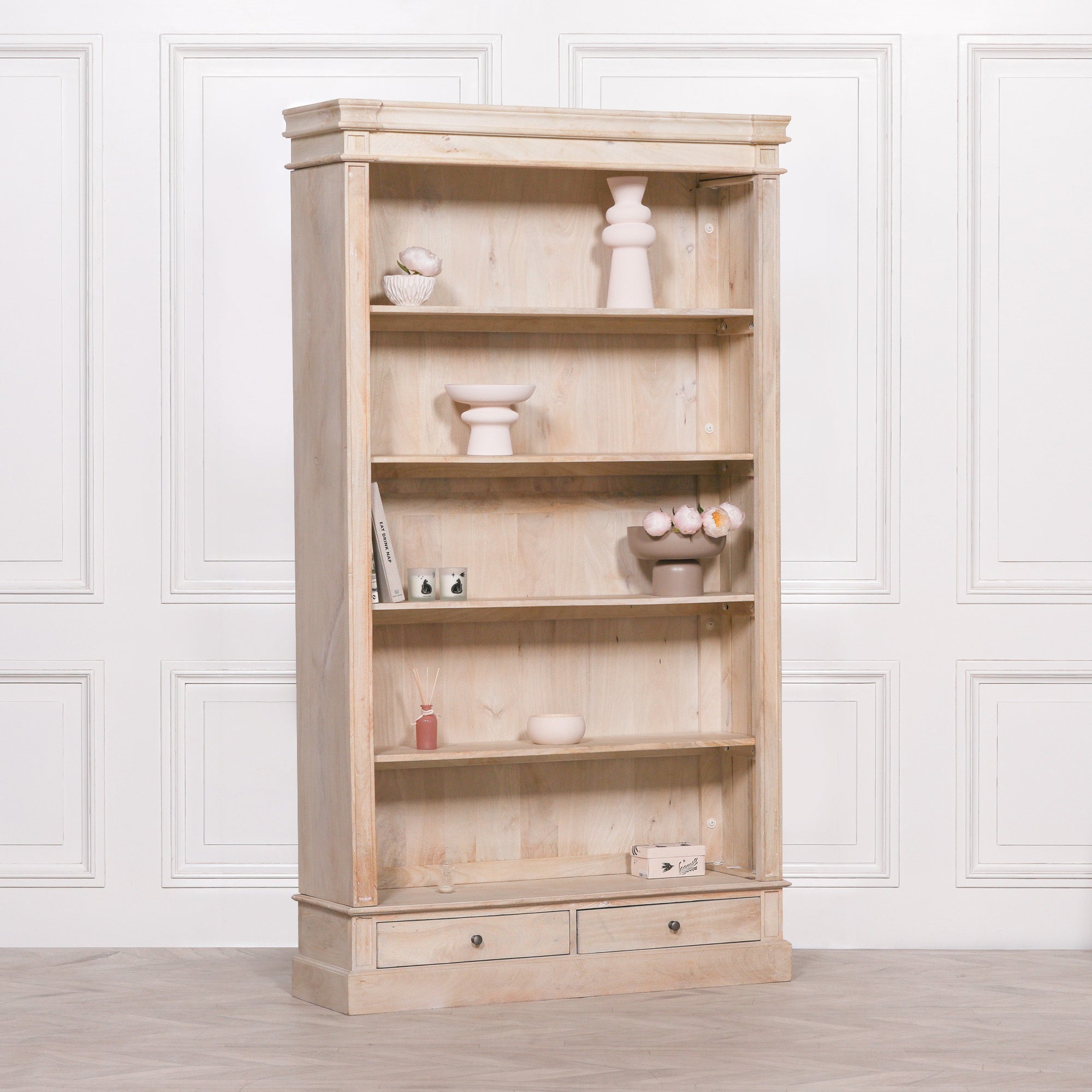 BLANCHE WOODEN RUSTIC SINGLE OPEN BOOKCASE WITH DRAWERS