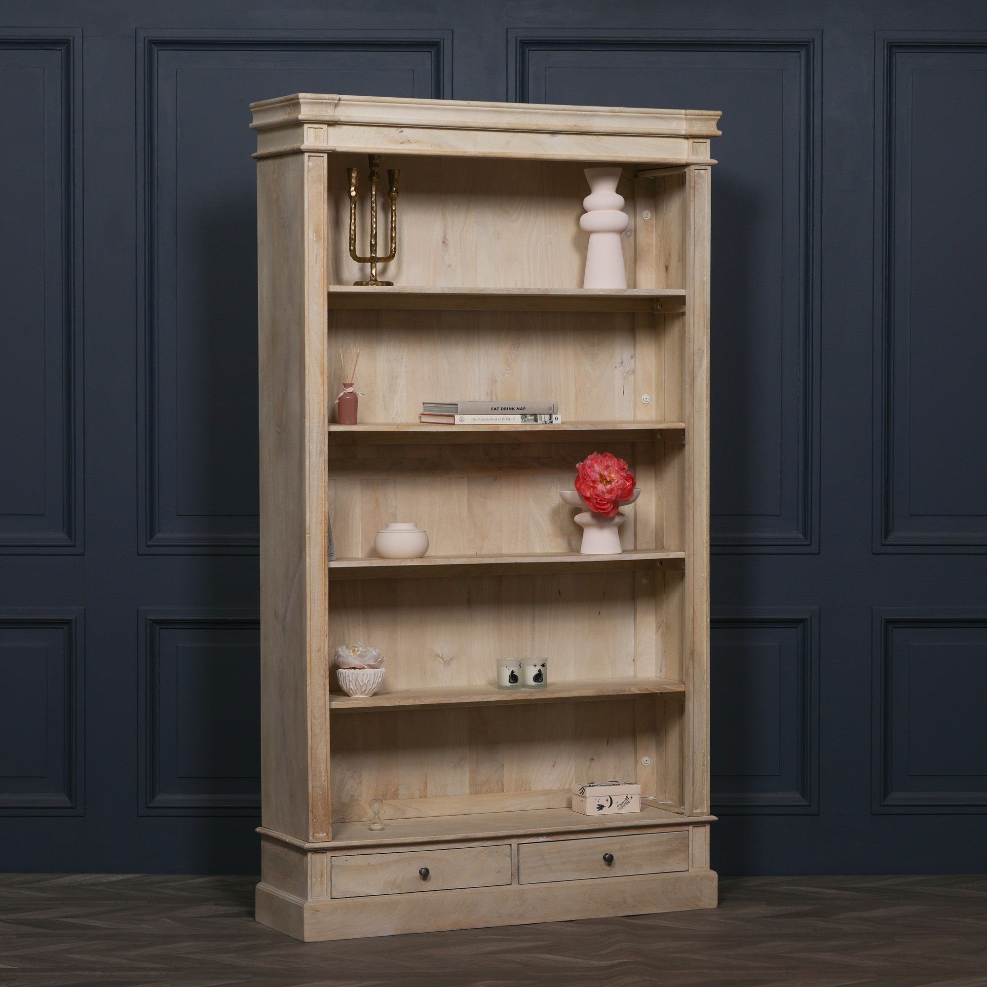 BLANCHE WOODEN RUSTIC SINGLE OPEN BOOKCASE WITH DRAWERS