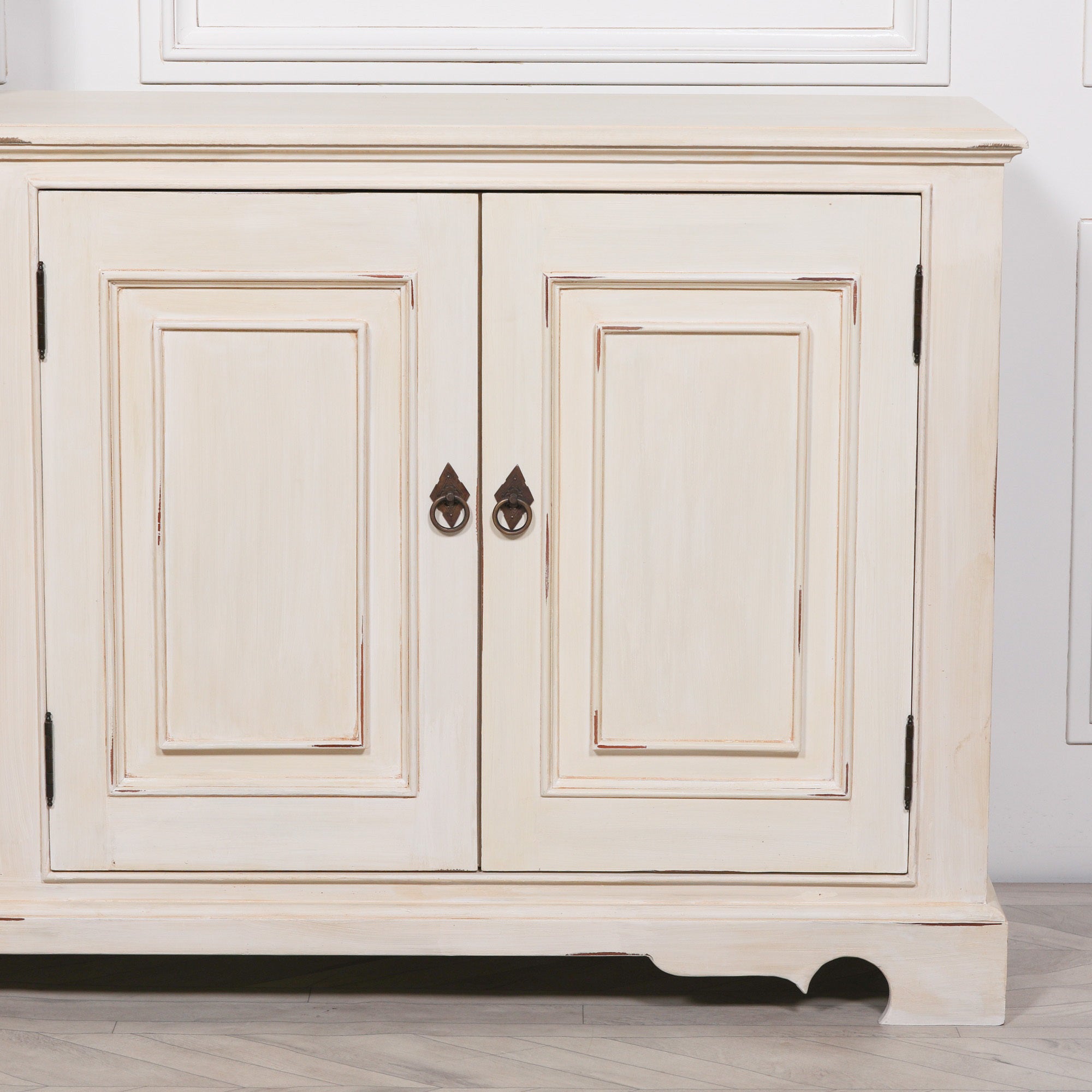 Distressed Aged White Brush Painted Classical Sideboard