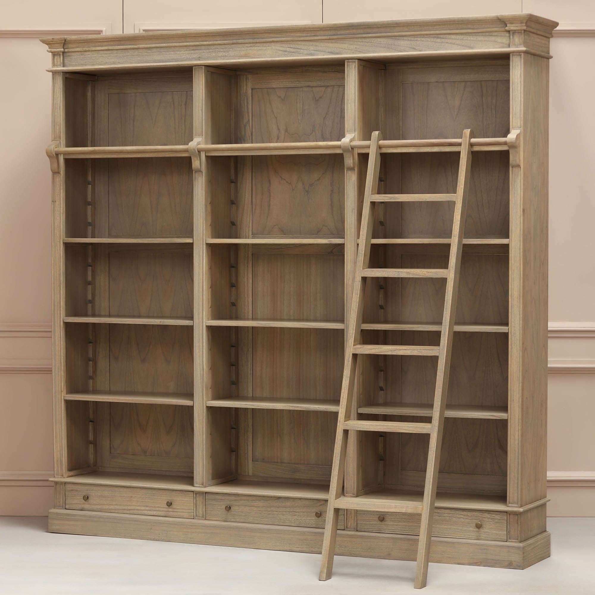 Sandringham Large Rustic Wooden Library Bookcase with Ladder 232cm Wide