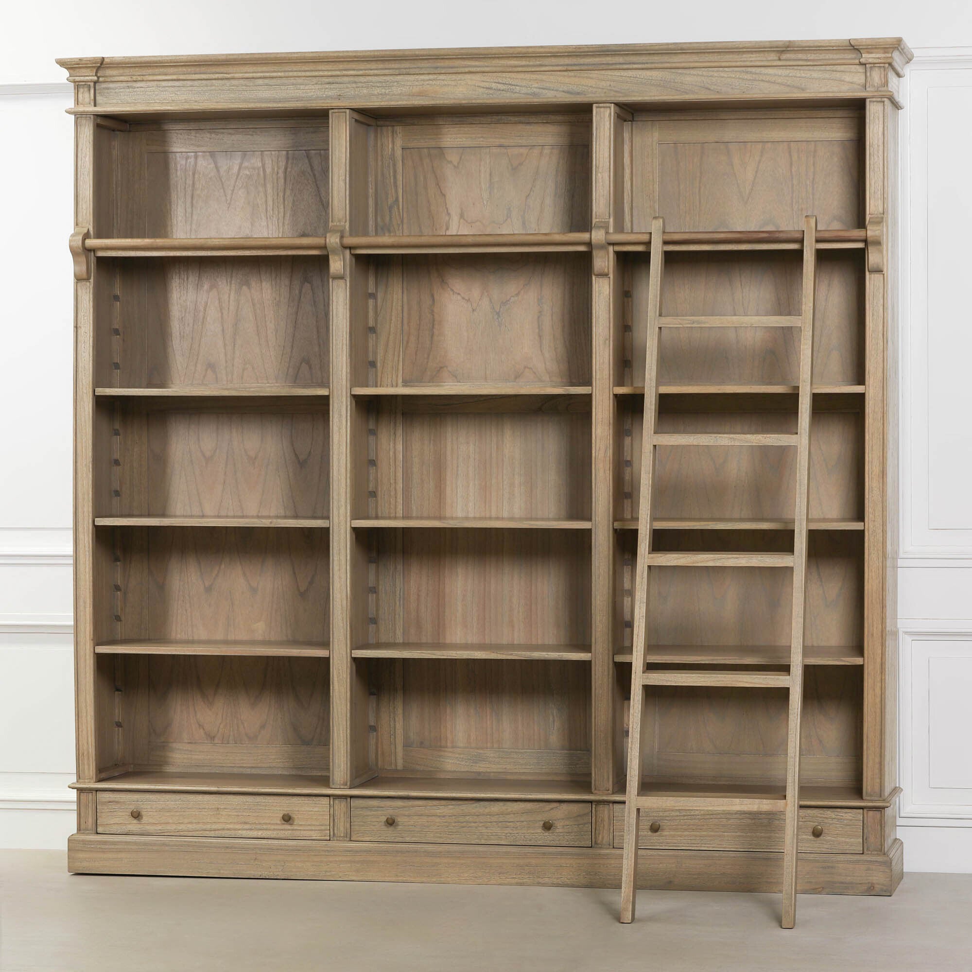 Sandringham Large Rustic Wooden Library Bookcase with Ladder 232cm Wide
