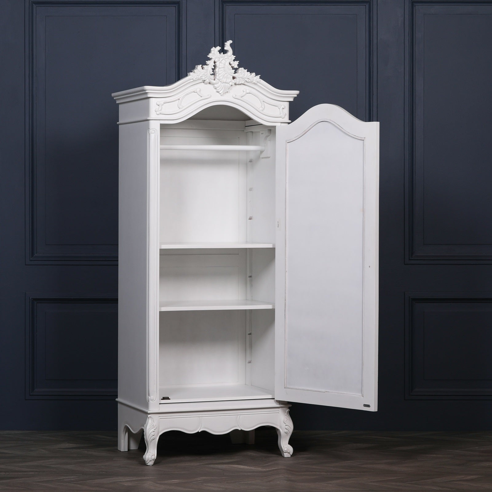 French White Carved Single Door Armoire with Mirrored Door