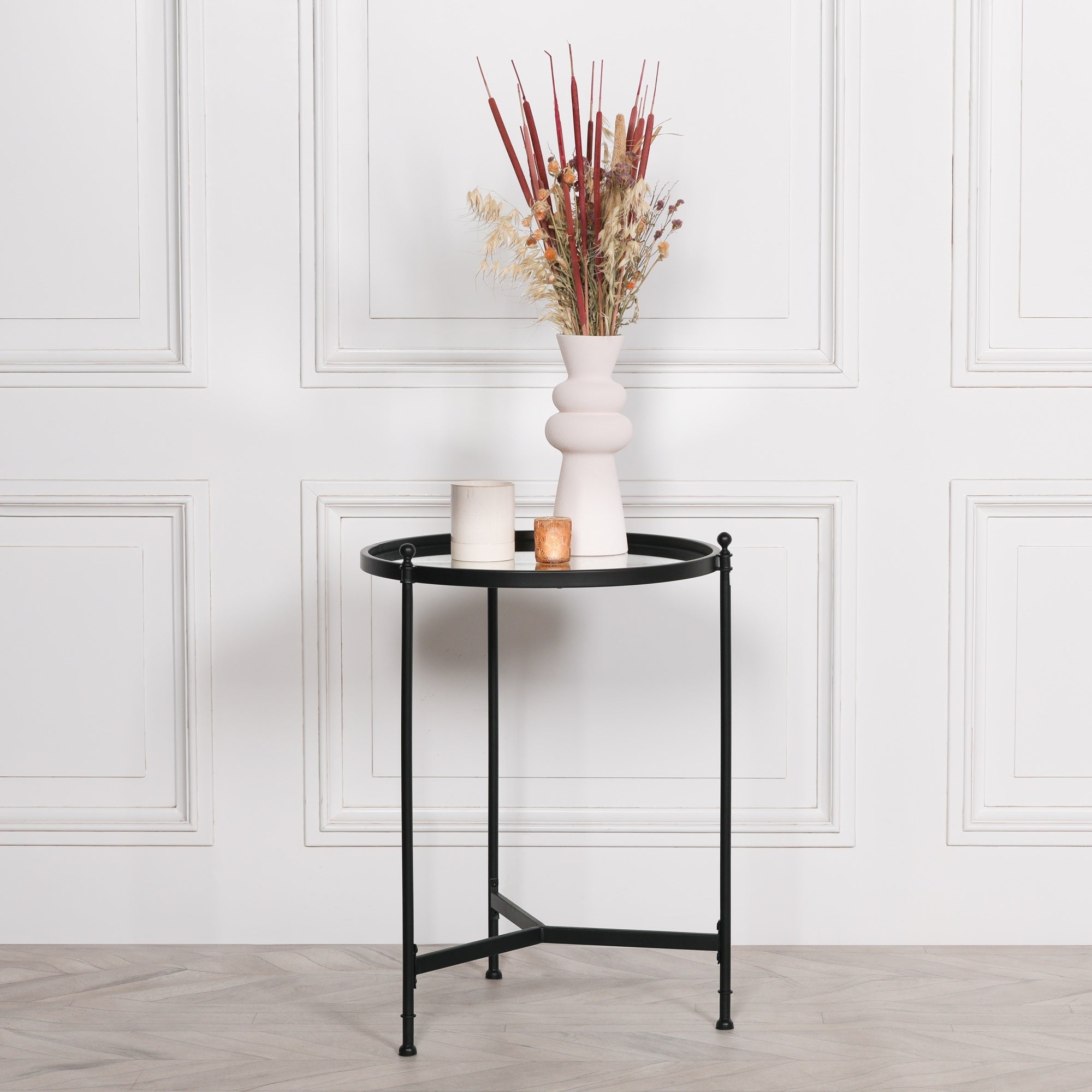 Black Iron Round Side Table With Antique Mirror Glass