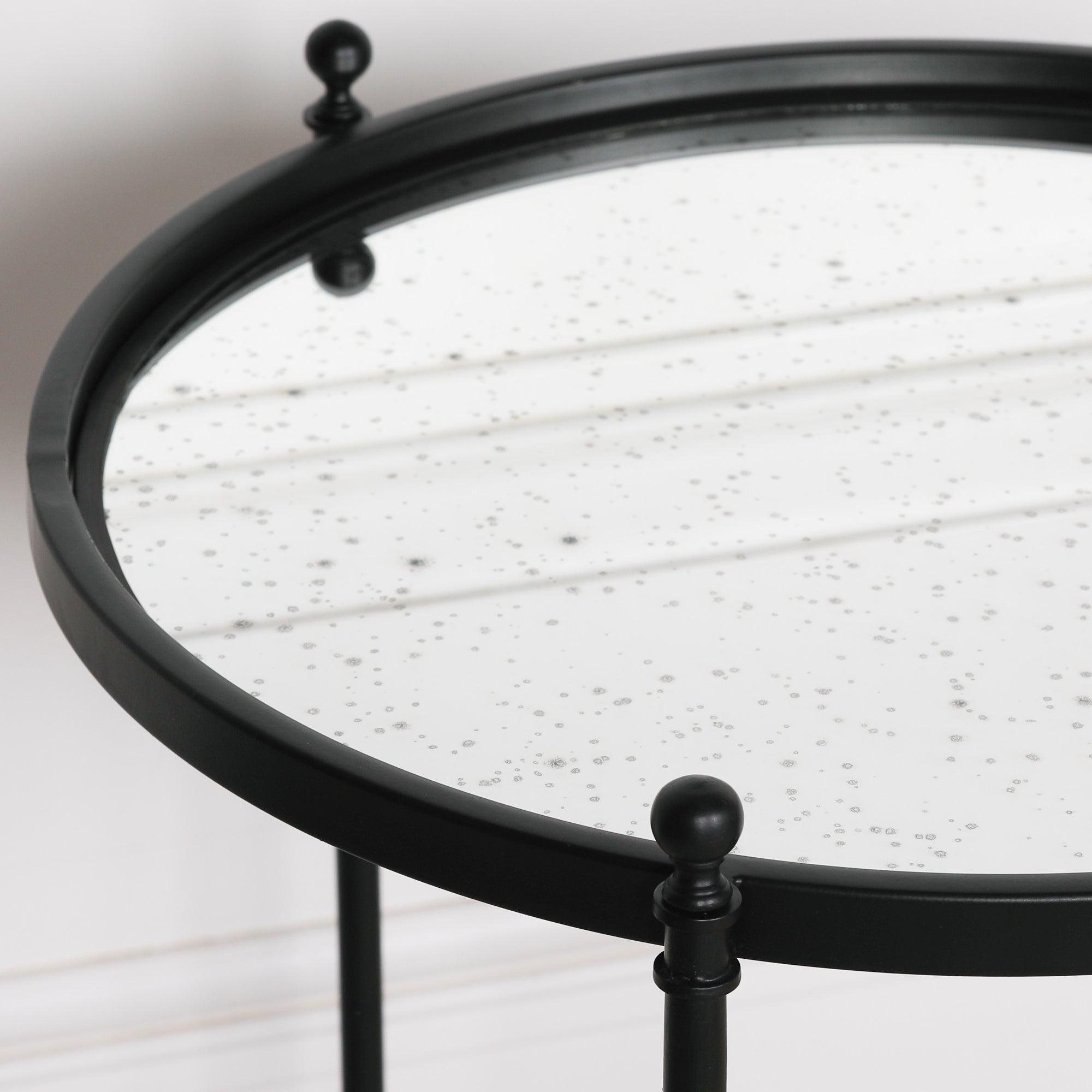 Black Iron Round Side Table With Antique Mirror Glass