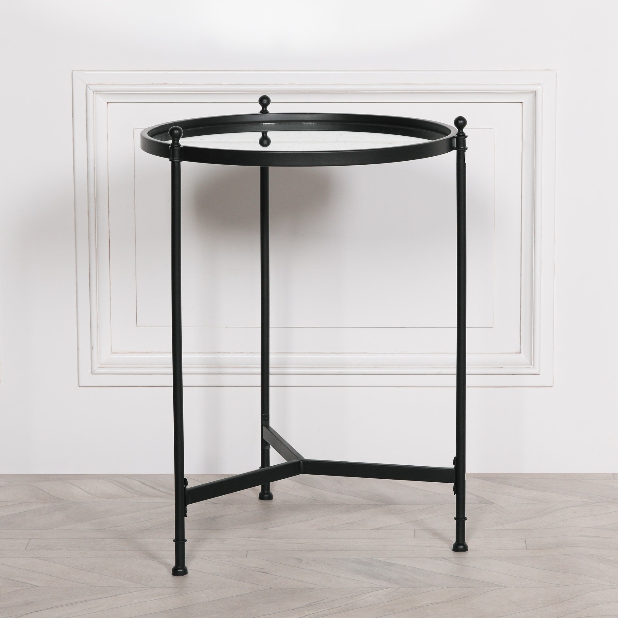 Black Iron Round Side Table With Antique Mirror Glass