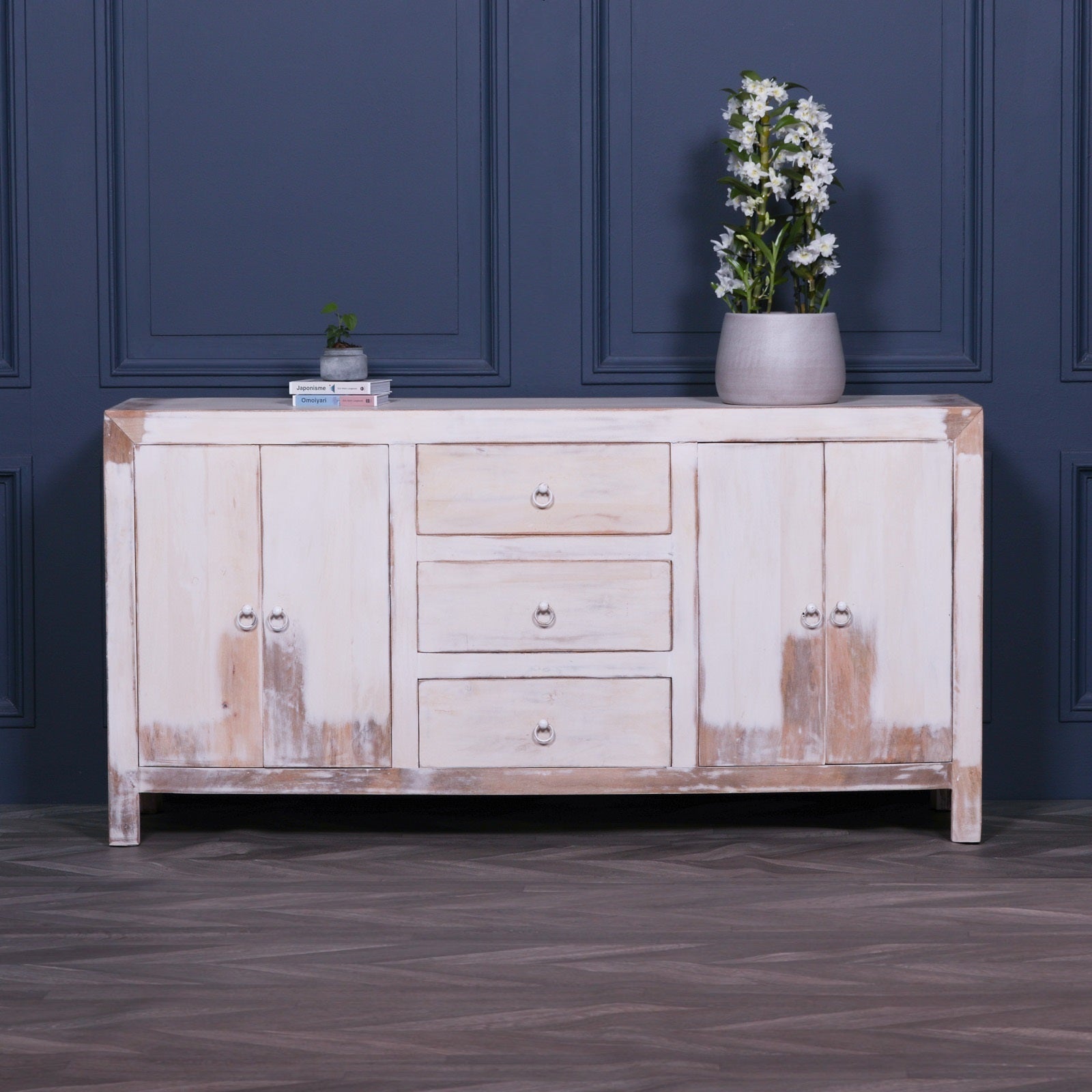 White Distressed Oriental Sideboard