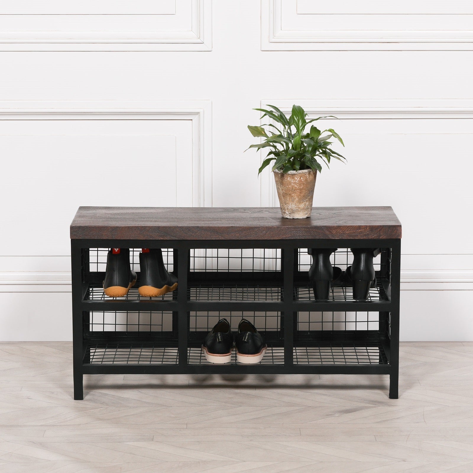 Black Metal Storage Bench with Wooden Top