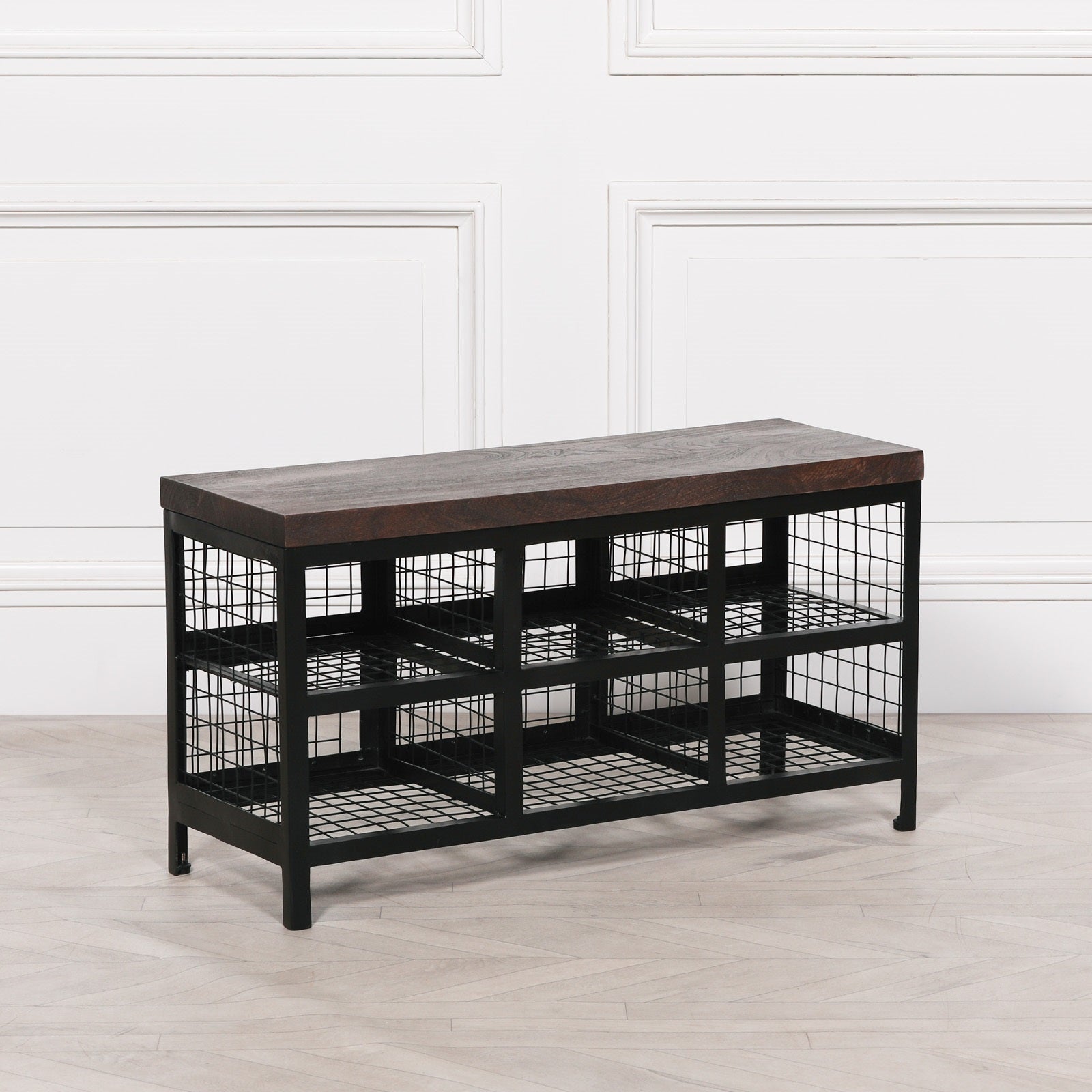 Black Metal Storage Bench with Wooden Top