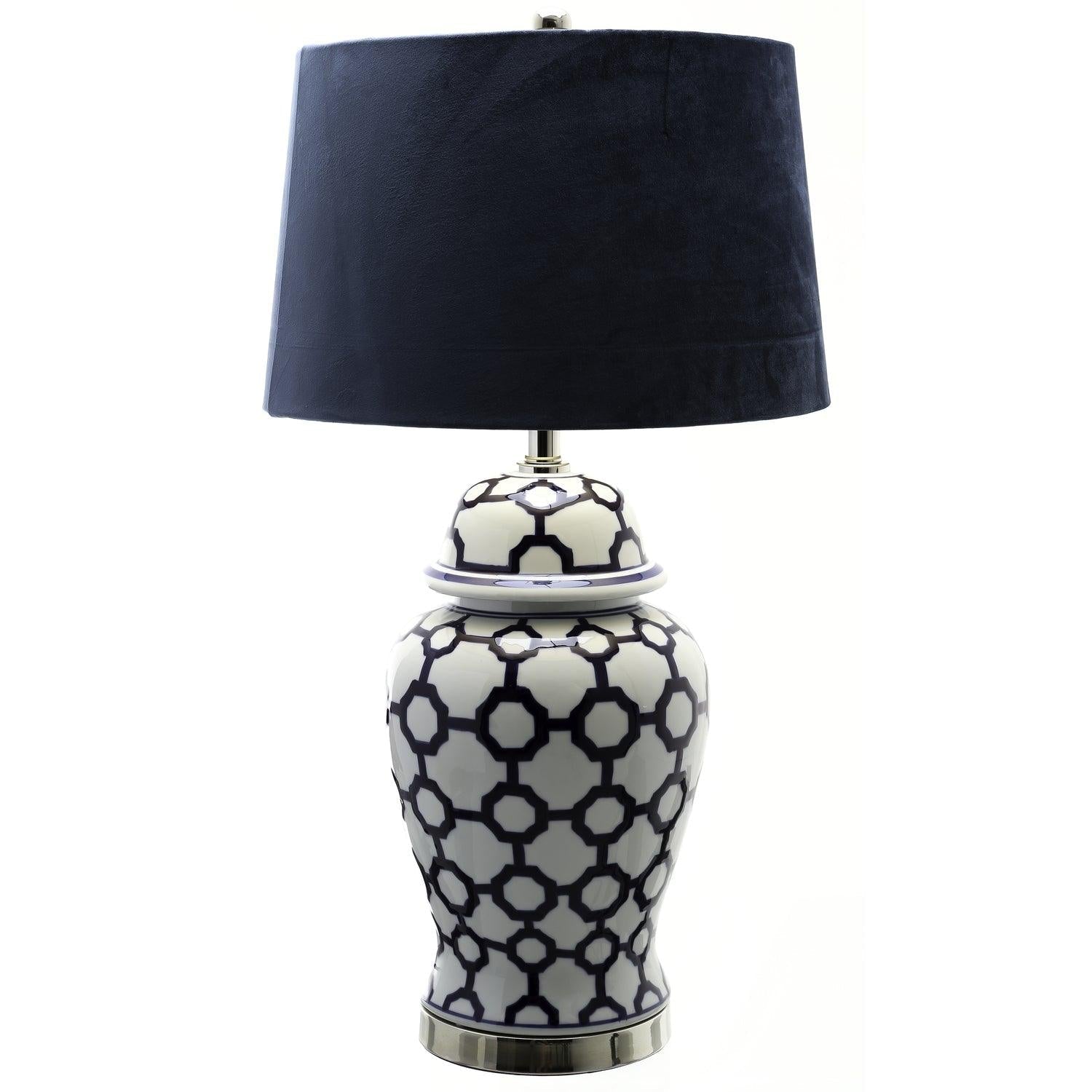 Acanthus Blue And White Ceramic Lamp With Blue Velvet Shade - House of Altair