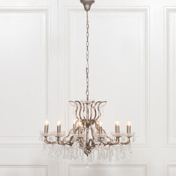 Antiqued Silver 12 Branch Shallow Cut Glass Chandelier - House of Altair