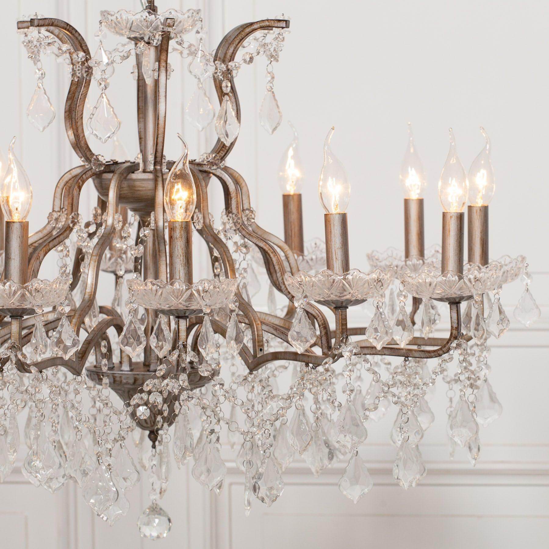 Antiqued Silver 12 Branch Shallow Cut Glass Chandelier - House of Altair