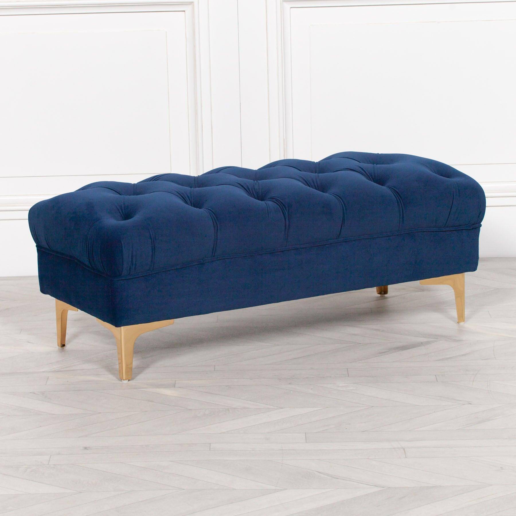 Blue Velvet Buttoned Ottoman Stool - House of Altair