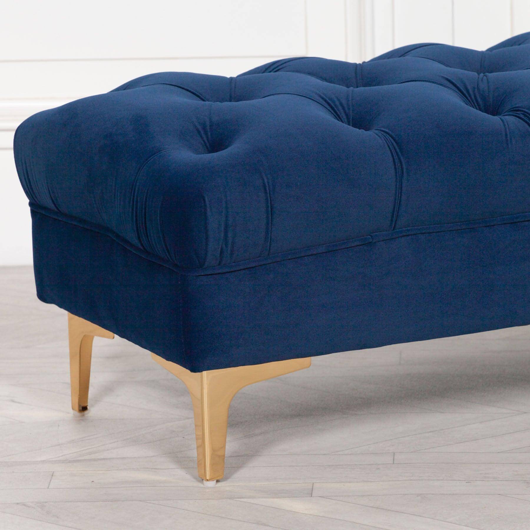 Blue Velvet Buttoned Ottoman Stool - House of Altair