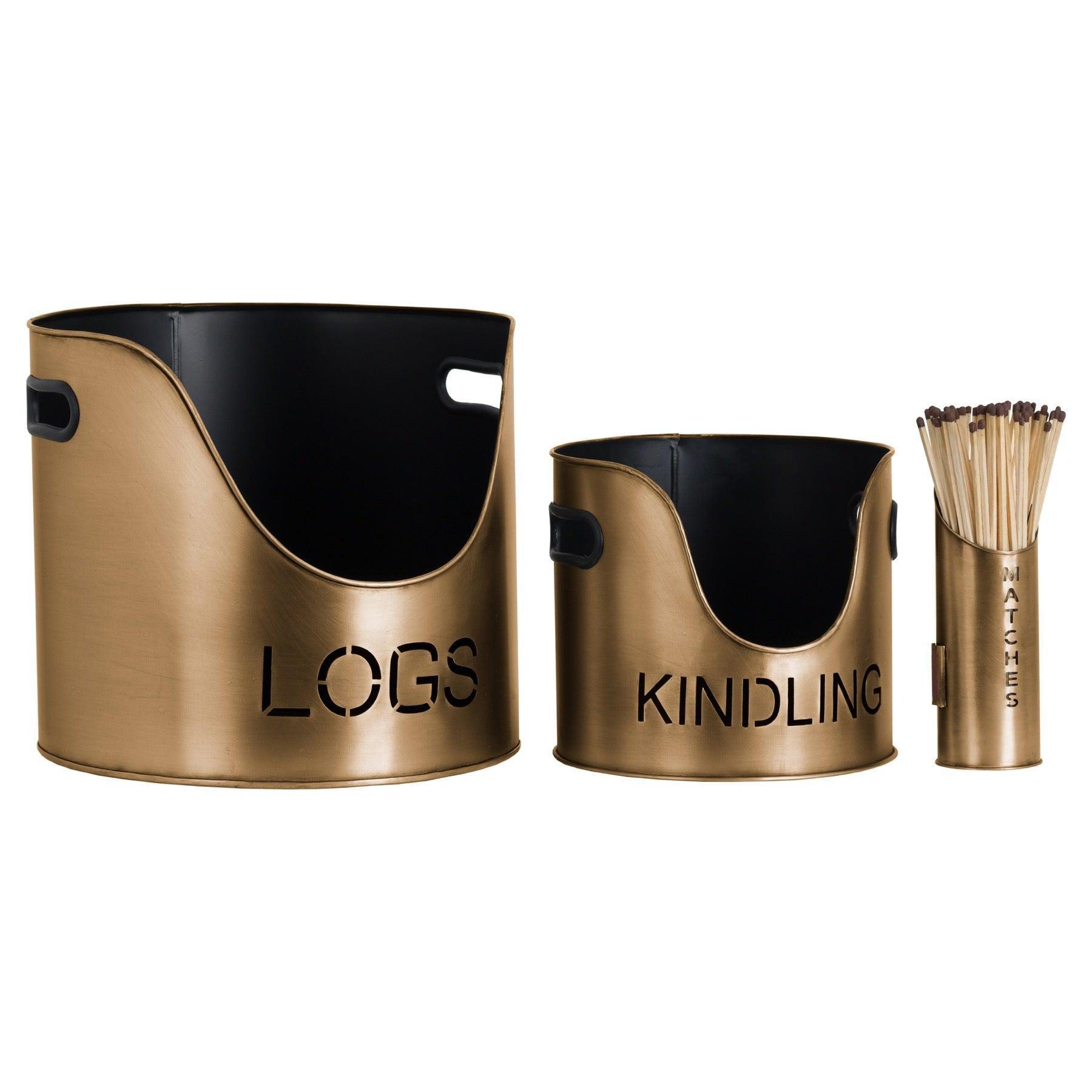 Bronze Finish Logs And Kindling Buckets & Matchstick Holder - House of Altair