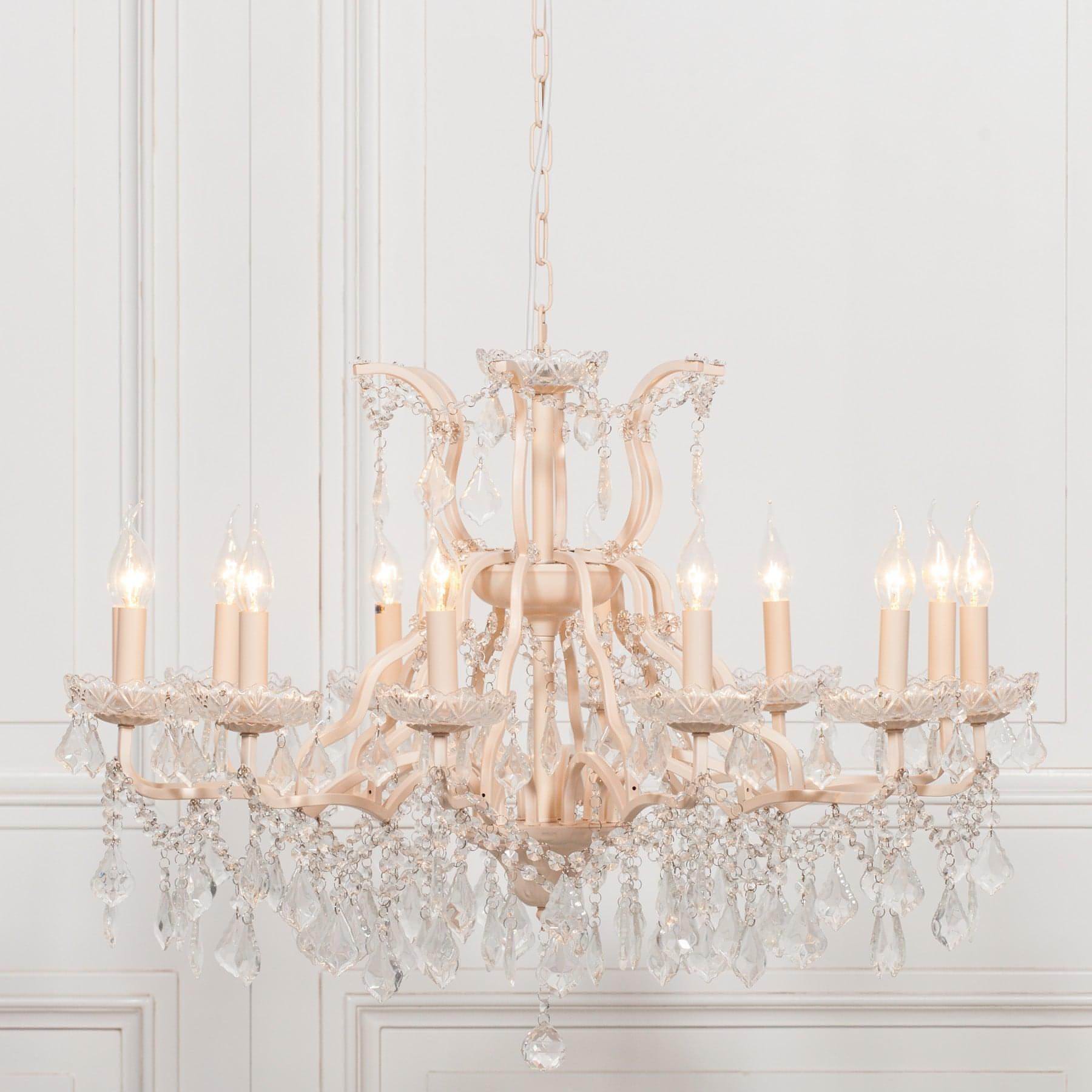 Cream 12 Branch Shallow Cut Glass Chandelier - House of Altair