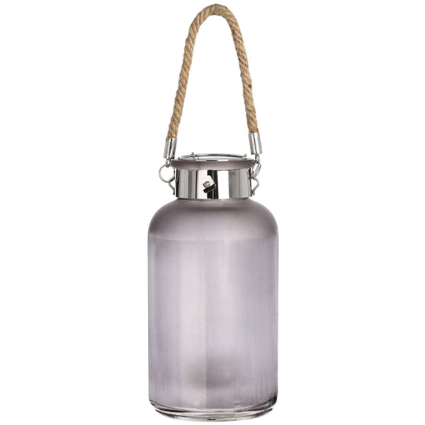 Frosted Grey Glass Lantern with Rope Detail and LED - House of Altair
